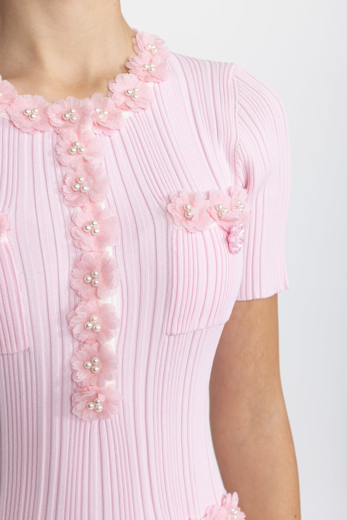 Ribbed Knit Flower Appliqué Midi Dress - Pink