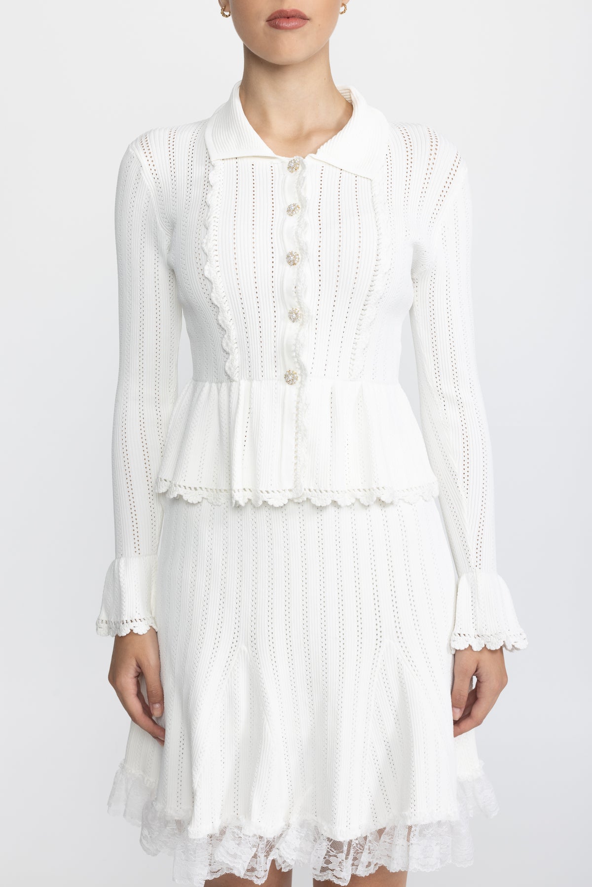 Ensemble coordonné cardigan péplum en maille pointelle et jupe à ourlet en dentelle - Blanc 