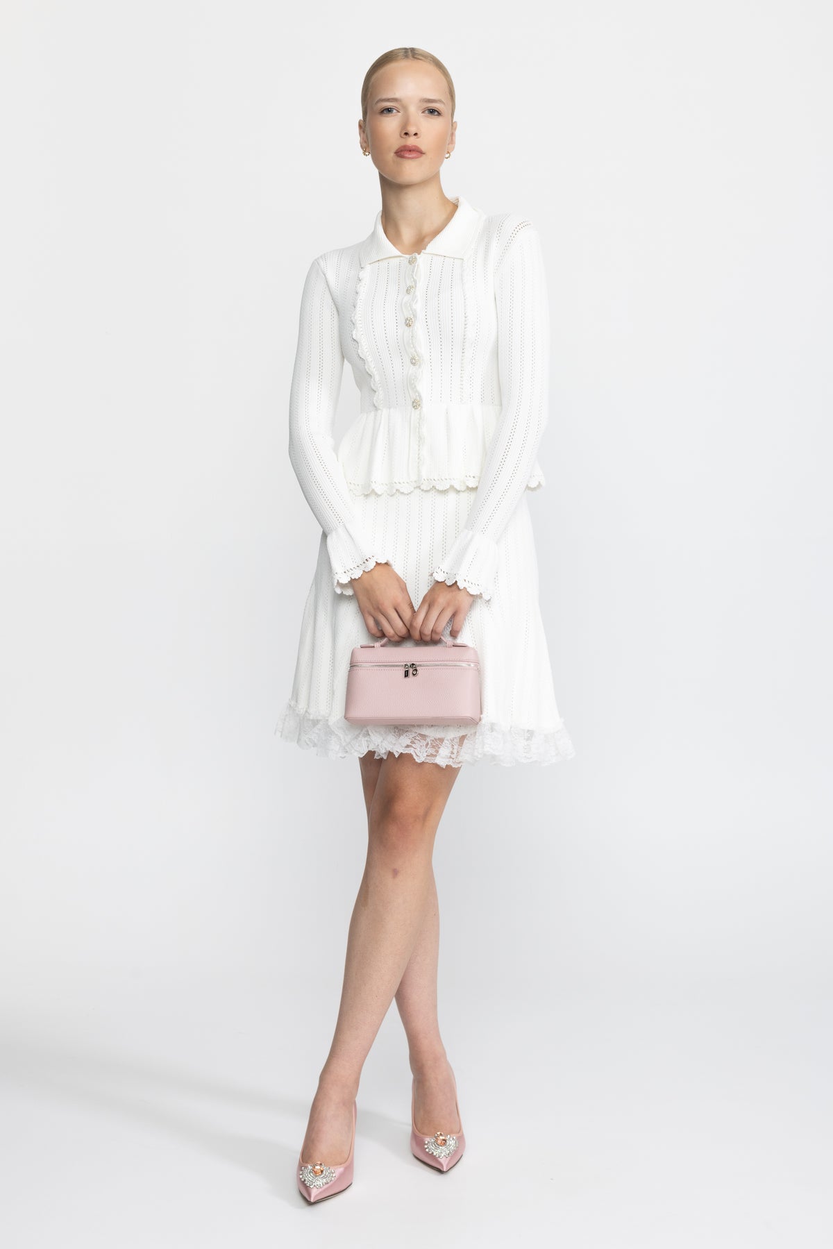 Ensemble coordonné cardigan péplum en maille pointelle et jupe à ourlet en dentelle - Blanc 