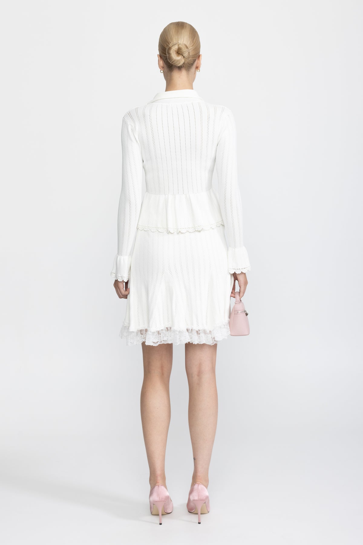 Ensemble coordonné cardigan péplum en maille pointelle et jupe à ourlet en dentelle - Blanc 