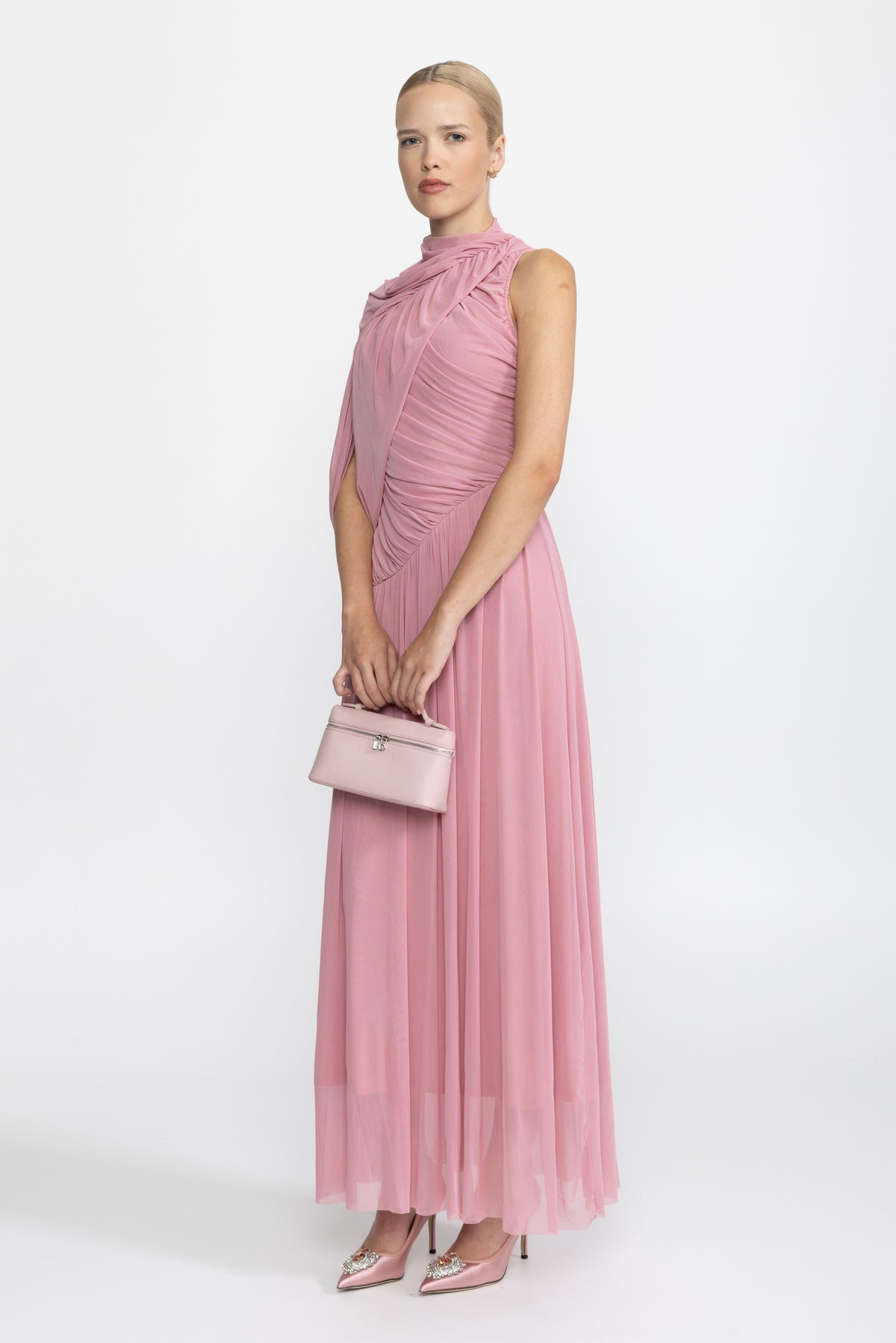 Robe longue en maille à col écharpe drapé - Rose 