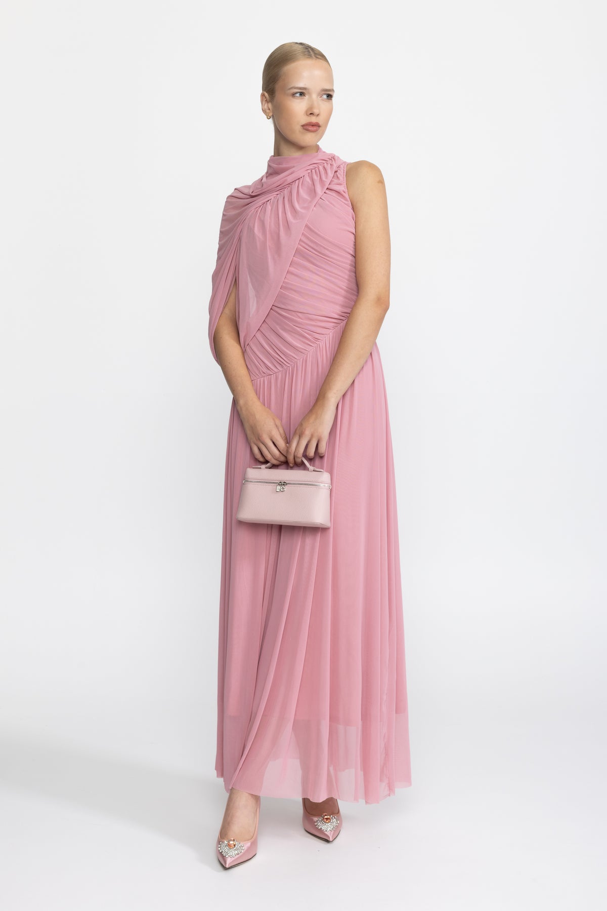Robe longue en maille à col écharpe drapé - Rose 