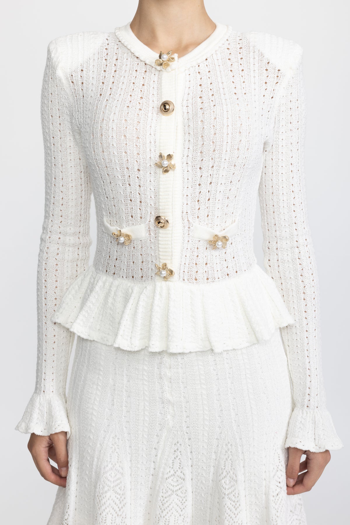 Robe mini peplum en maille pointelle à boutons fleur en perles - Blanc 