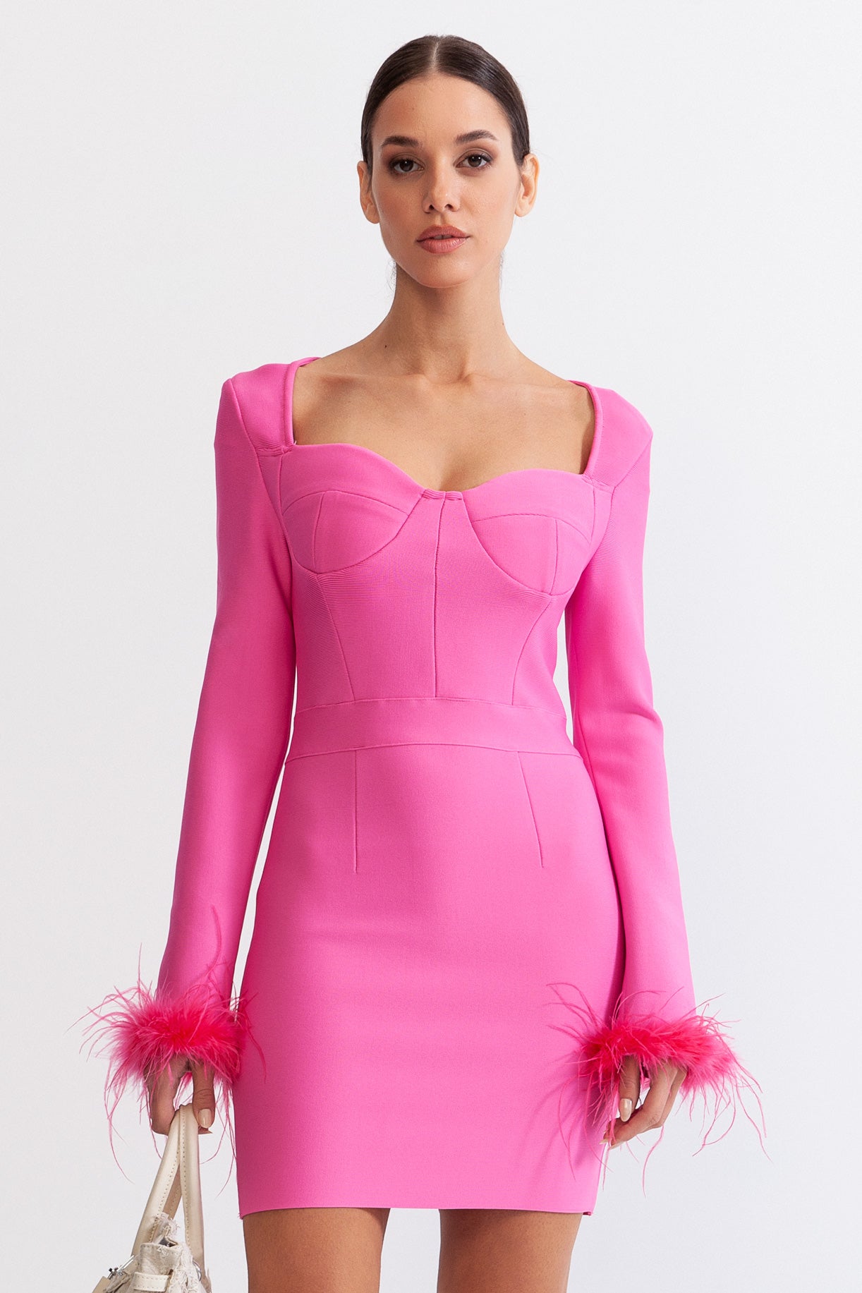 Long Sleeve Feathers Mini Dress - Fuchsia