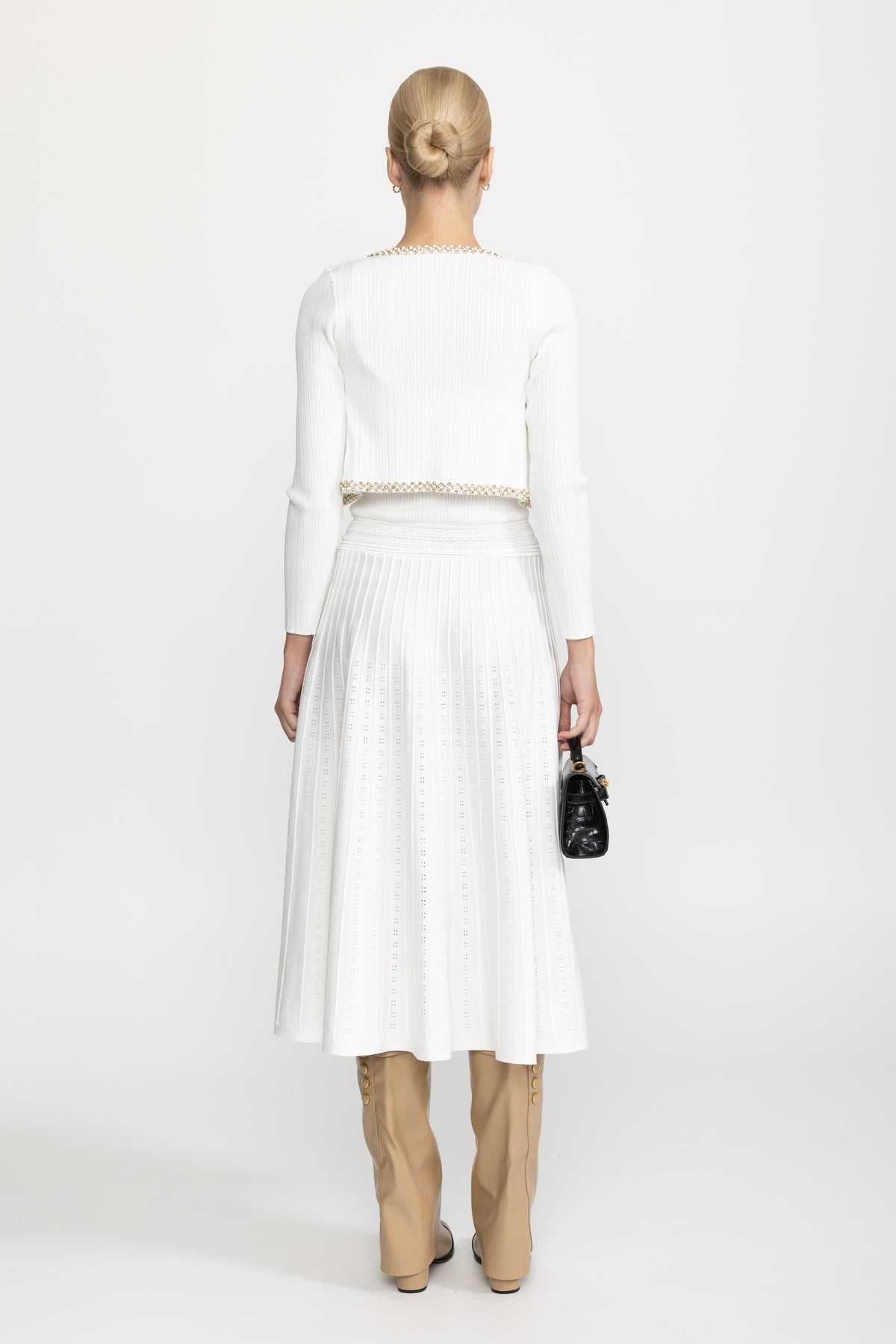 Robe midi en maille à débardeur bordée de perles avec boléro - Blanc 