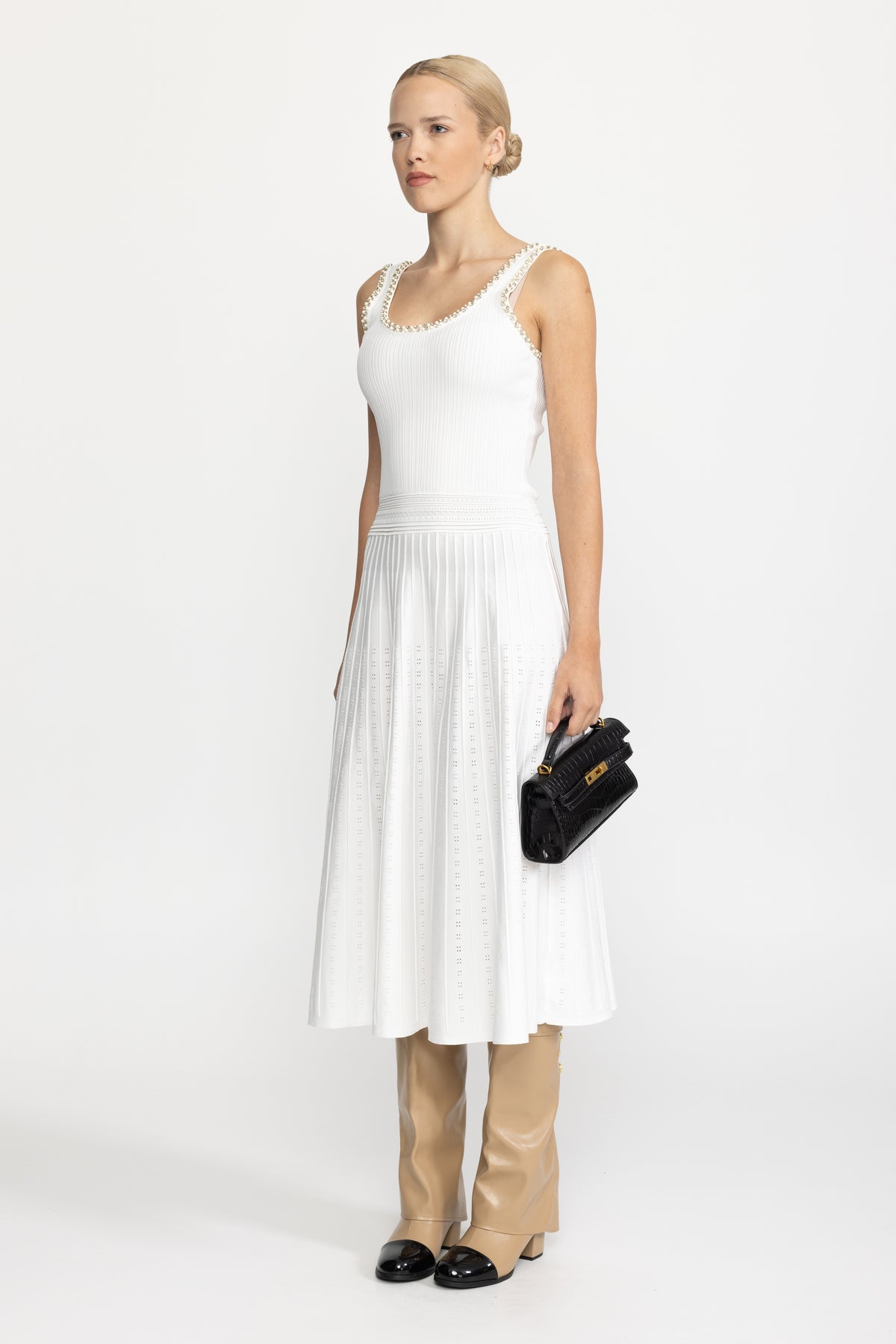 Robe midi en maille à débardeur bordée de perles avec boléro - Blanc 