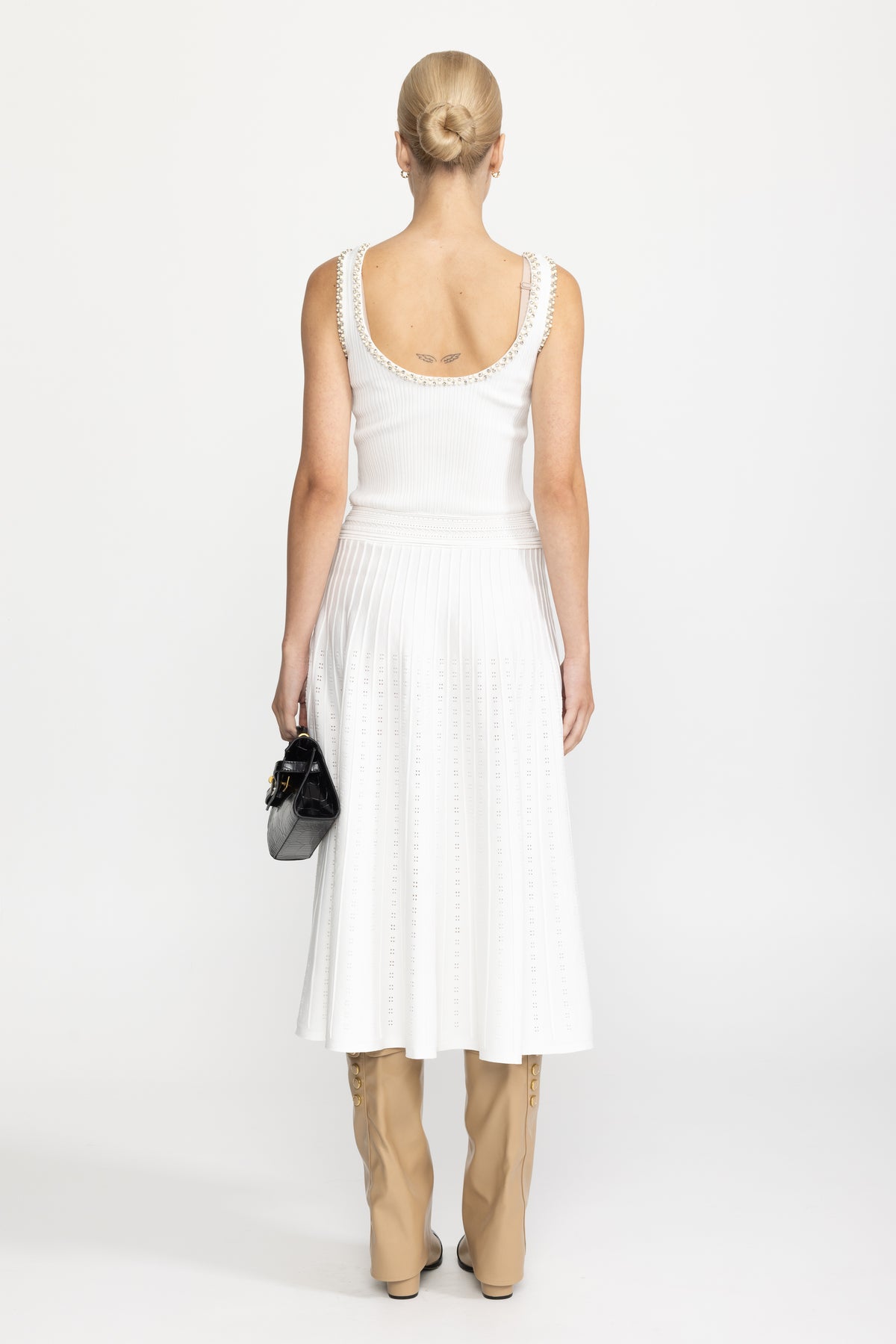 Robe midi en maille à débardeur bordée de perles avec boléro - Blanc 