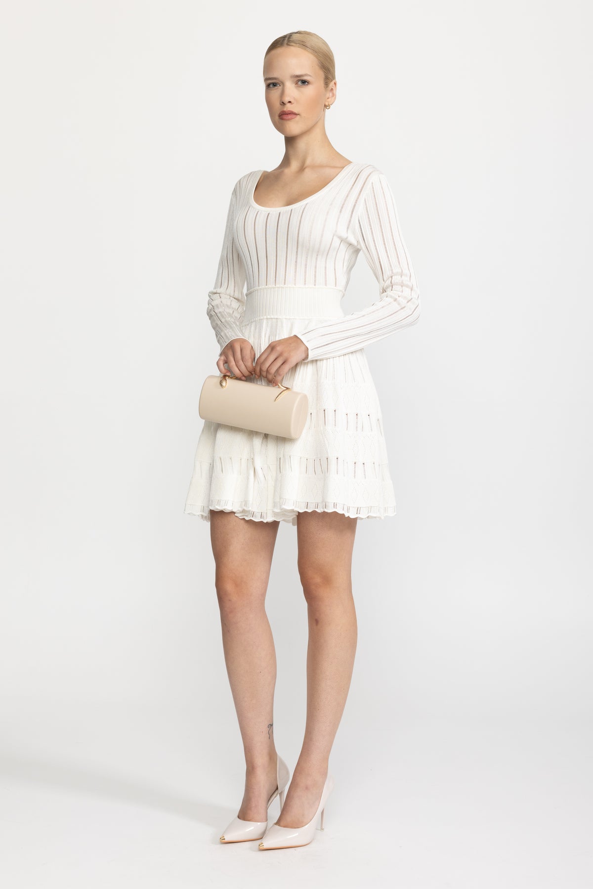 Robe mini patineuse à encolure dégagée en maille ladder - Blanc 