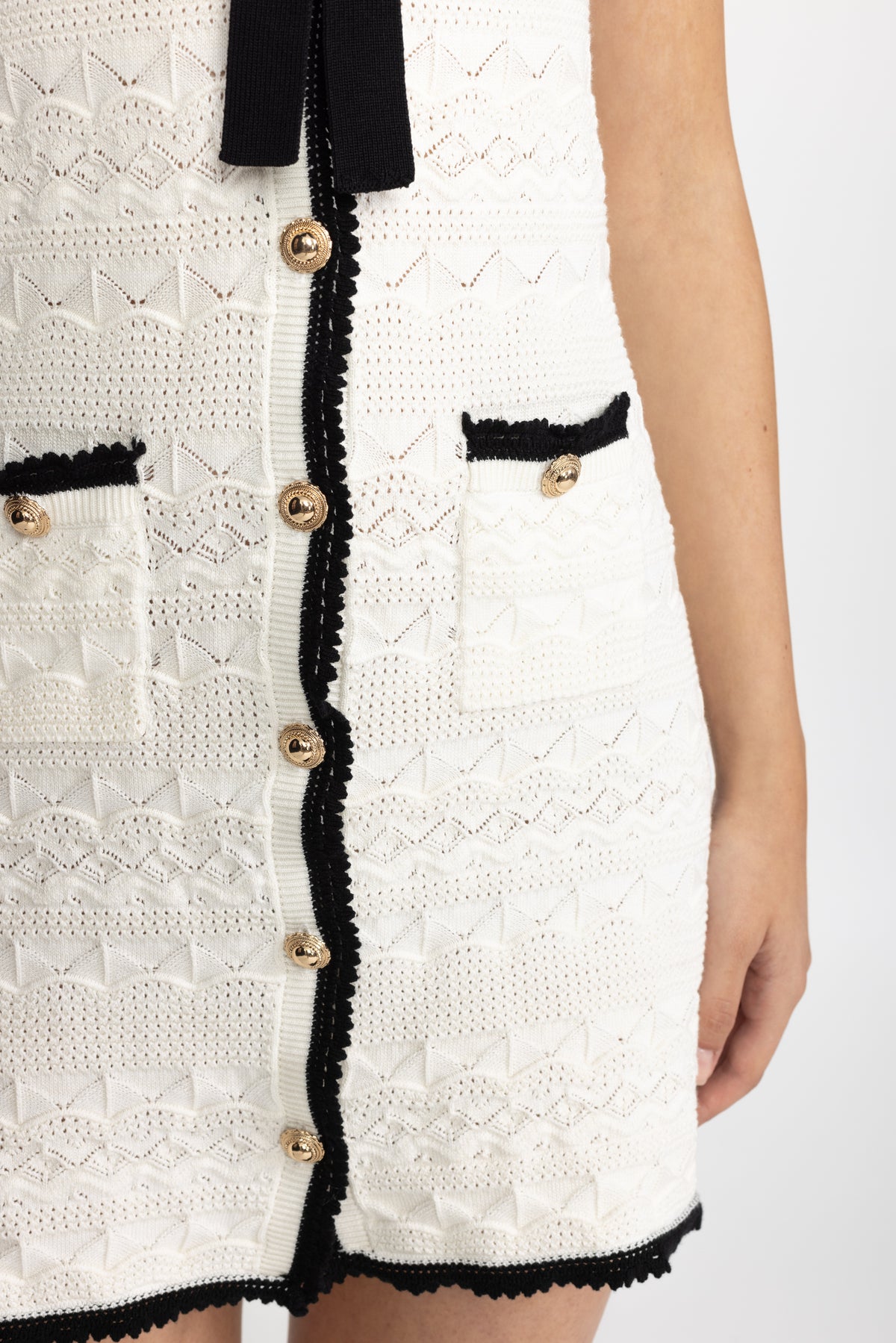 Robe mini sans manches en maille crochet avec détail nœud - Blanc 