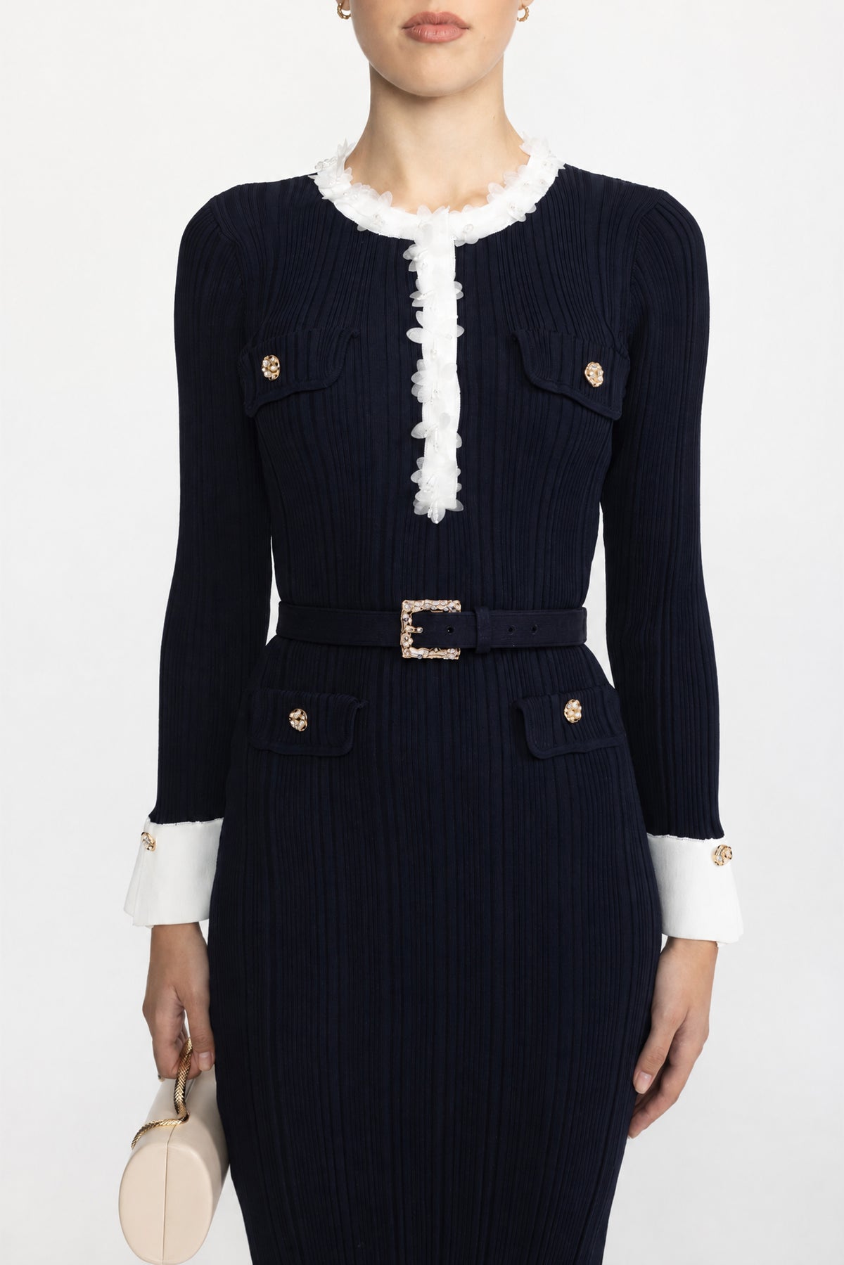 Robe midi ceinturée en maille côtelée avec bordure à volants en organza - Bleu marine 