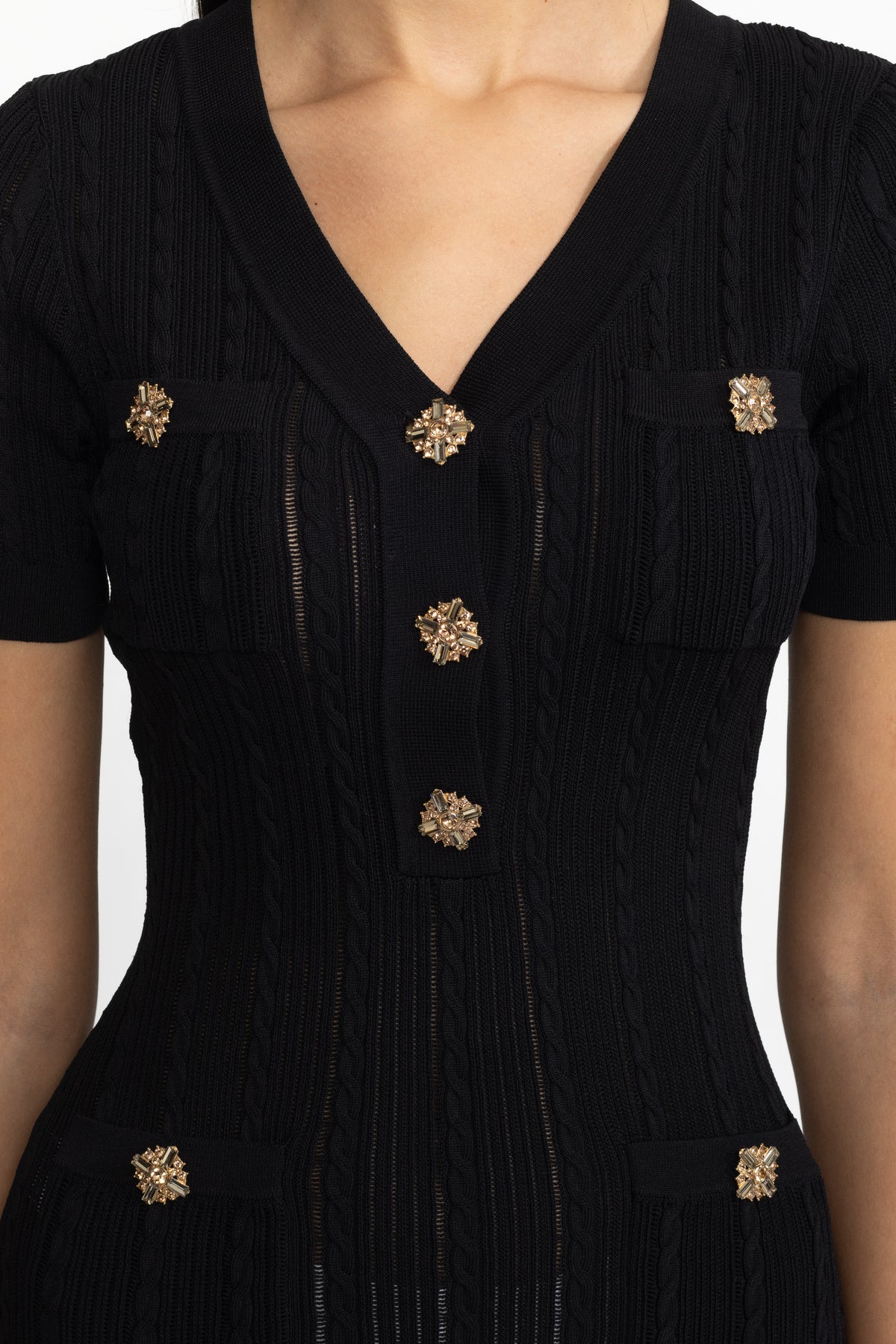 Cable Knit Jewel-Button Midi Dress - Black