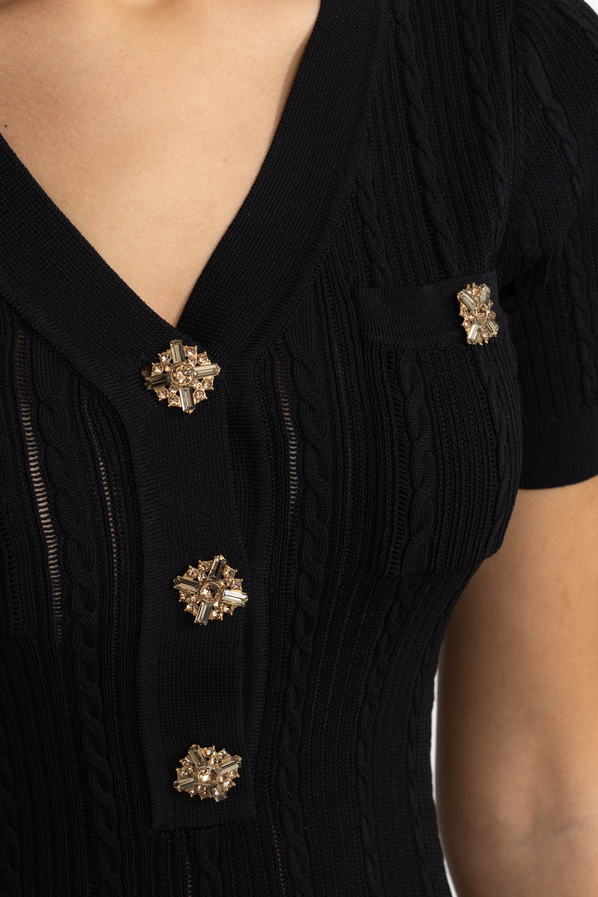 Cable Knit Jewel-Button Midi Dress - Black