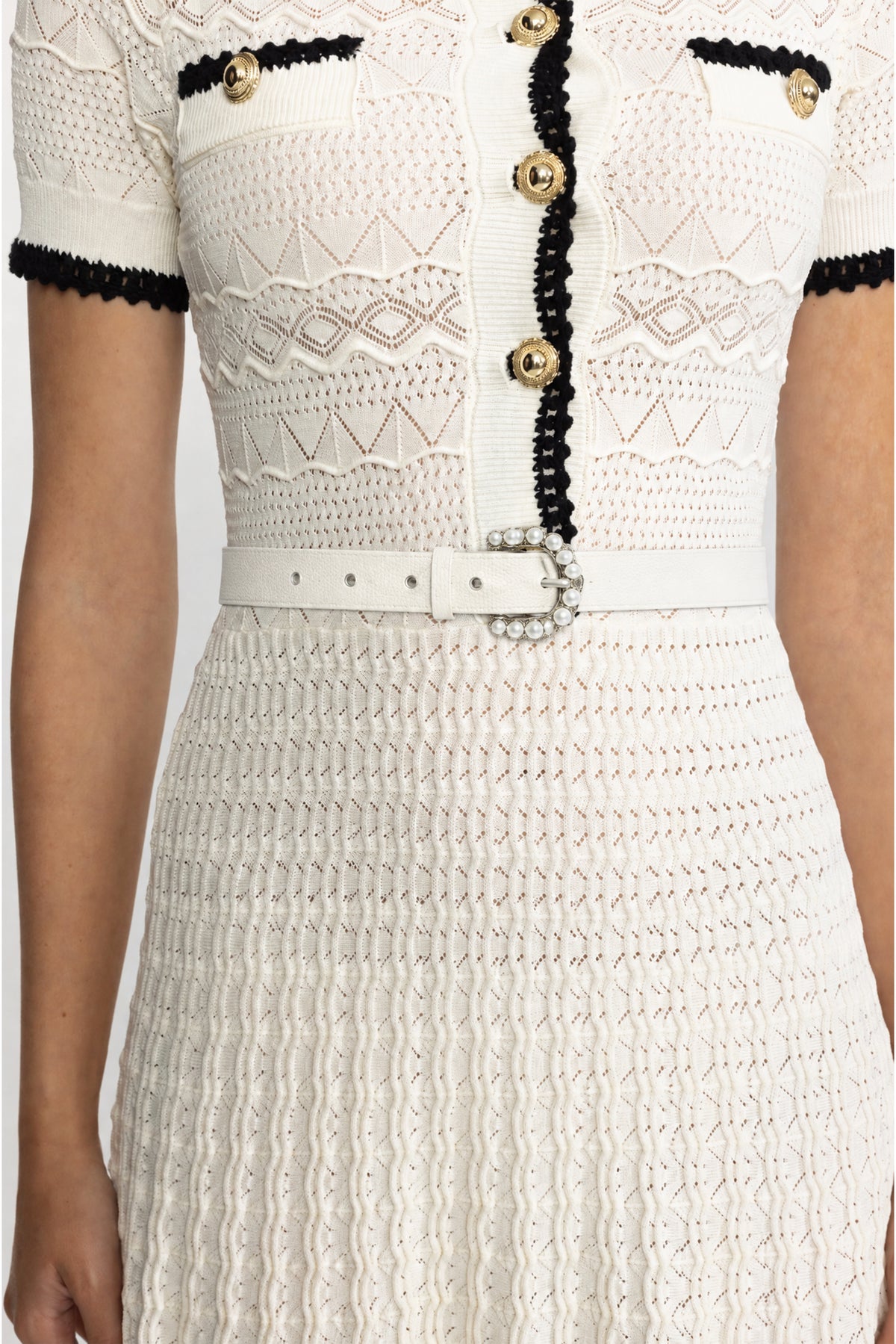 Robe midi ceinturée en maille pointelle - Ivoire 