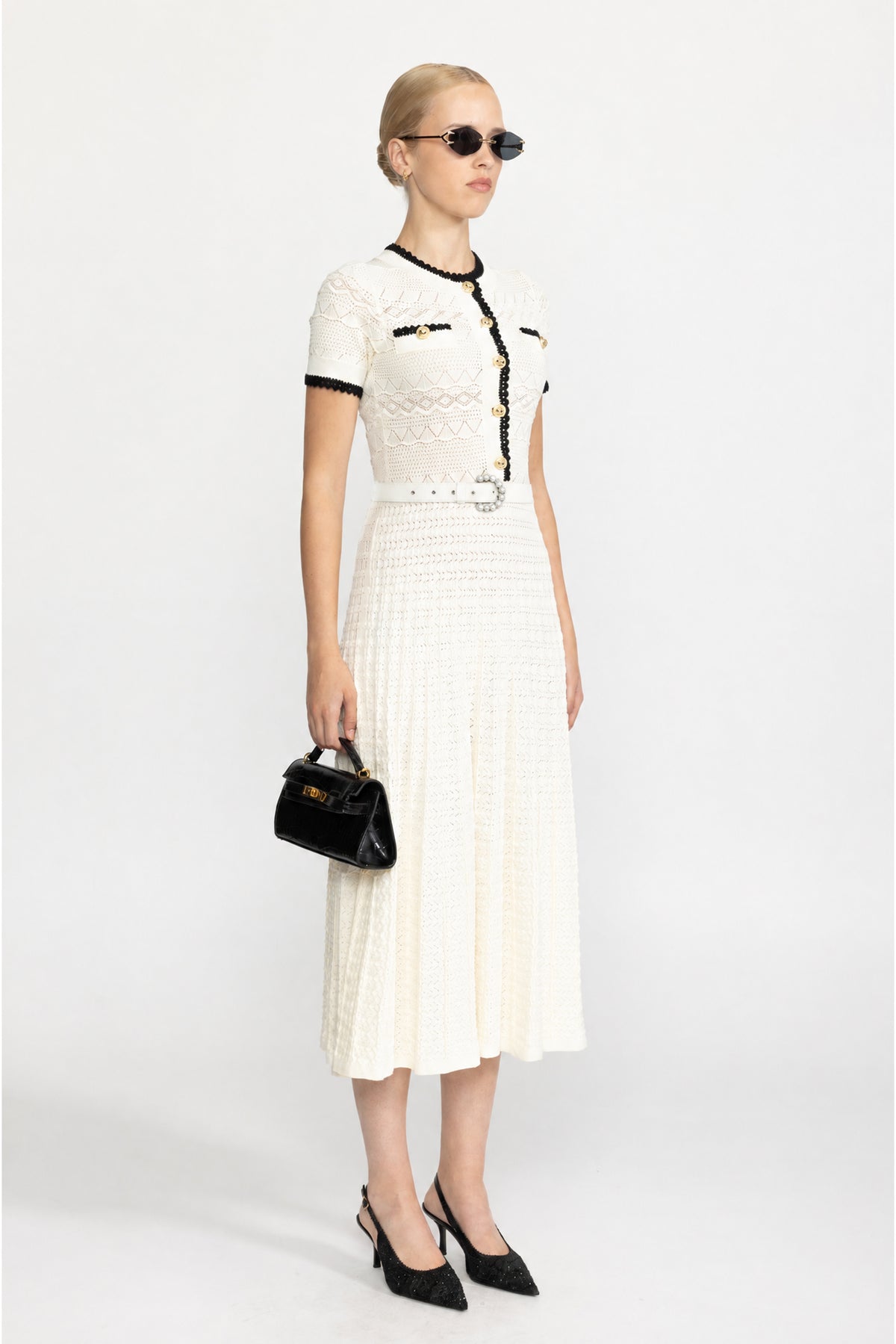 Robe midi ceinturée en maille pointelle - Ivoire 