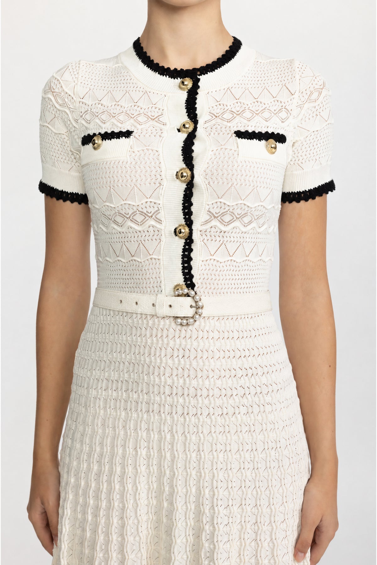 Robe midi ceinturée en maille pointelle - Ivoire 