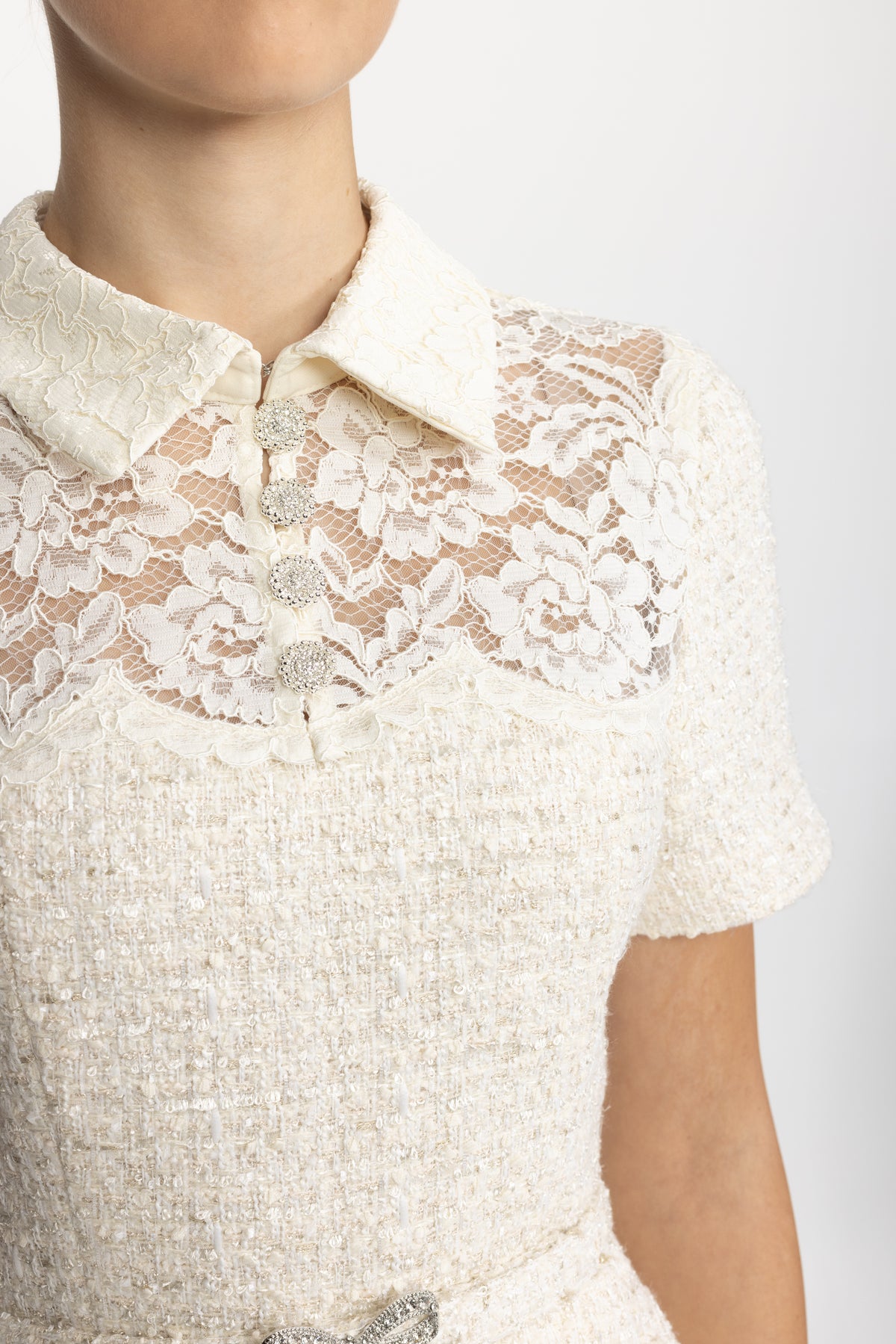 Lace Yoke Tweed Peplum Dress with Pleated Skirt - Ivoire