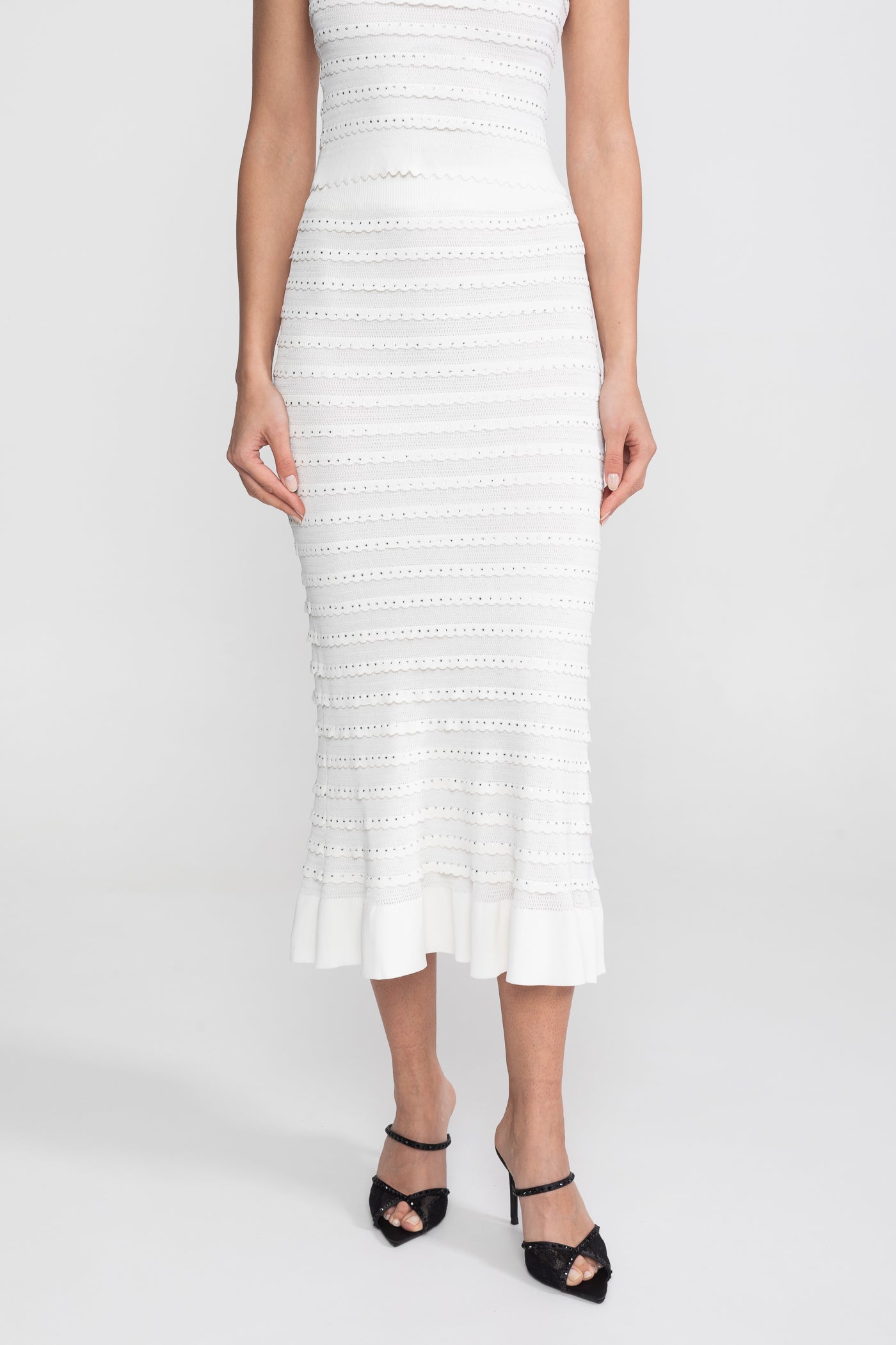Ensemble 3 pièces en maille texturée avec blazer, haut et jupe midi - Blanc 
