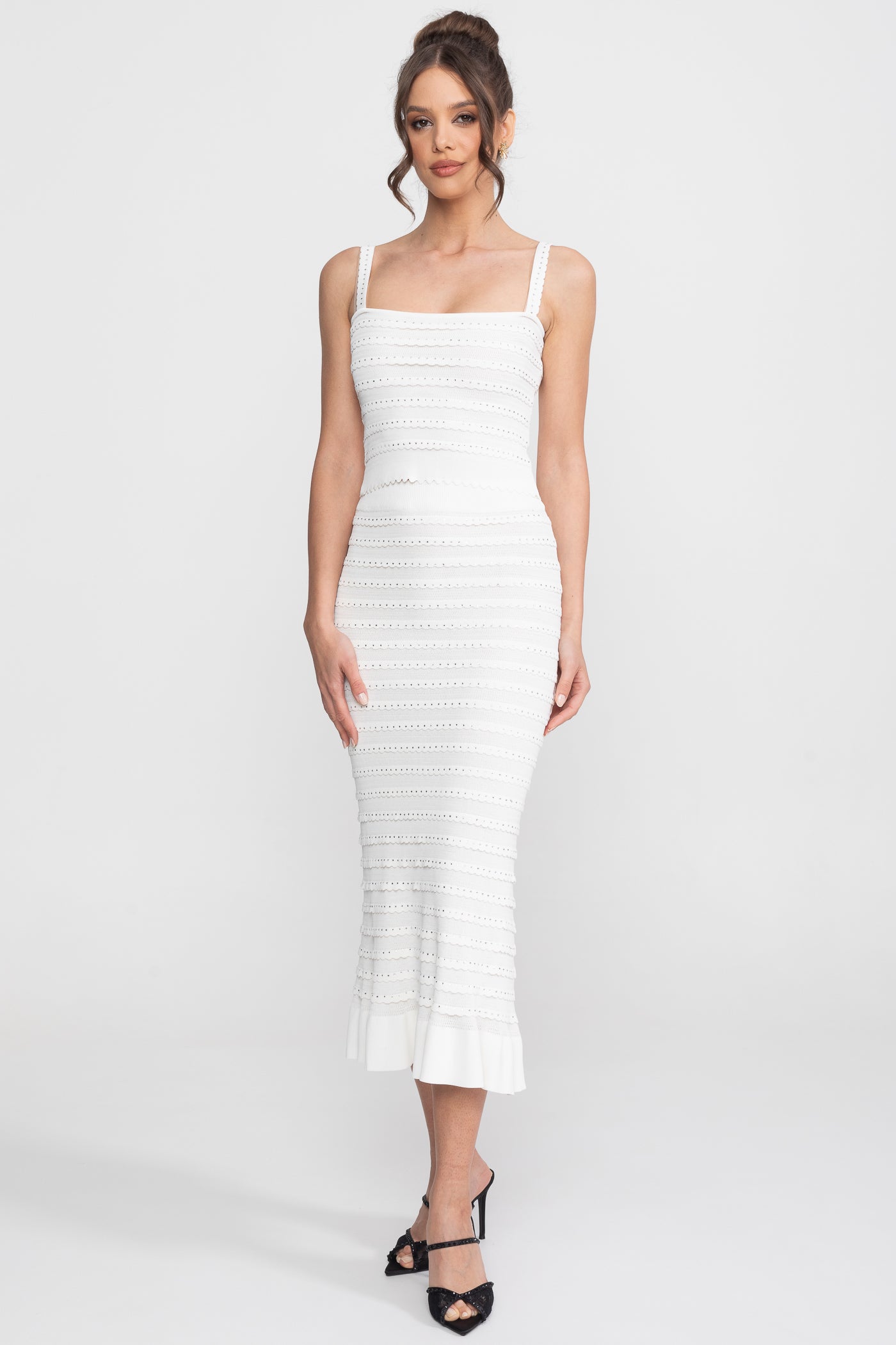 Ensemble 3 pièces en maille texturée avec blazer, haut et jupe midi - Blanc 