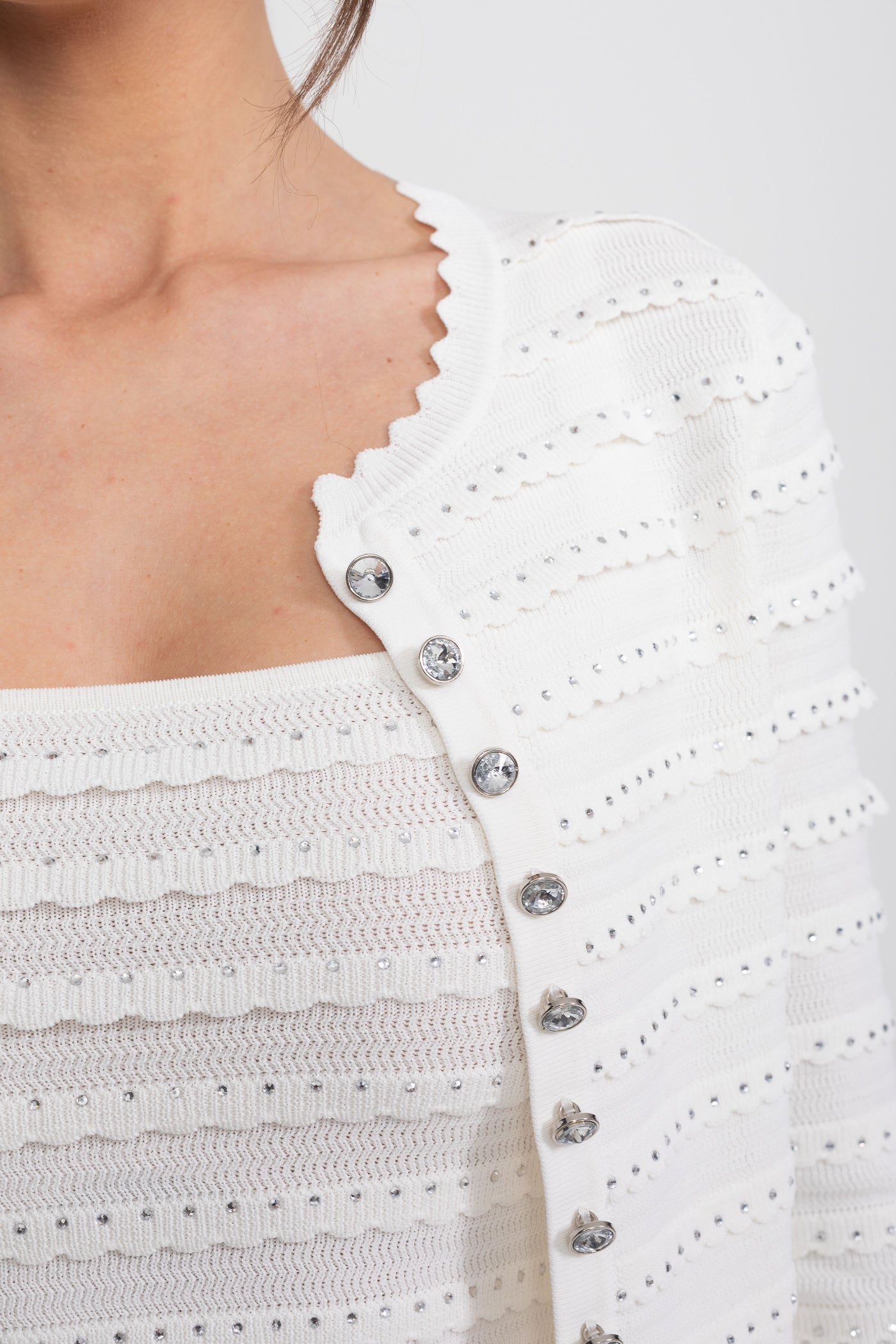 Ensemble 3 pièces en maille texturée avec blazer, haut et jupe midi - Blanc 