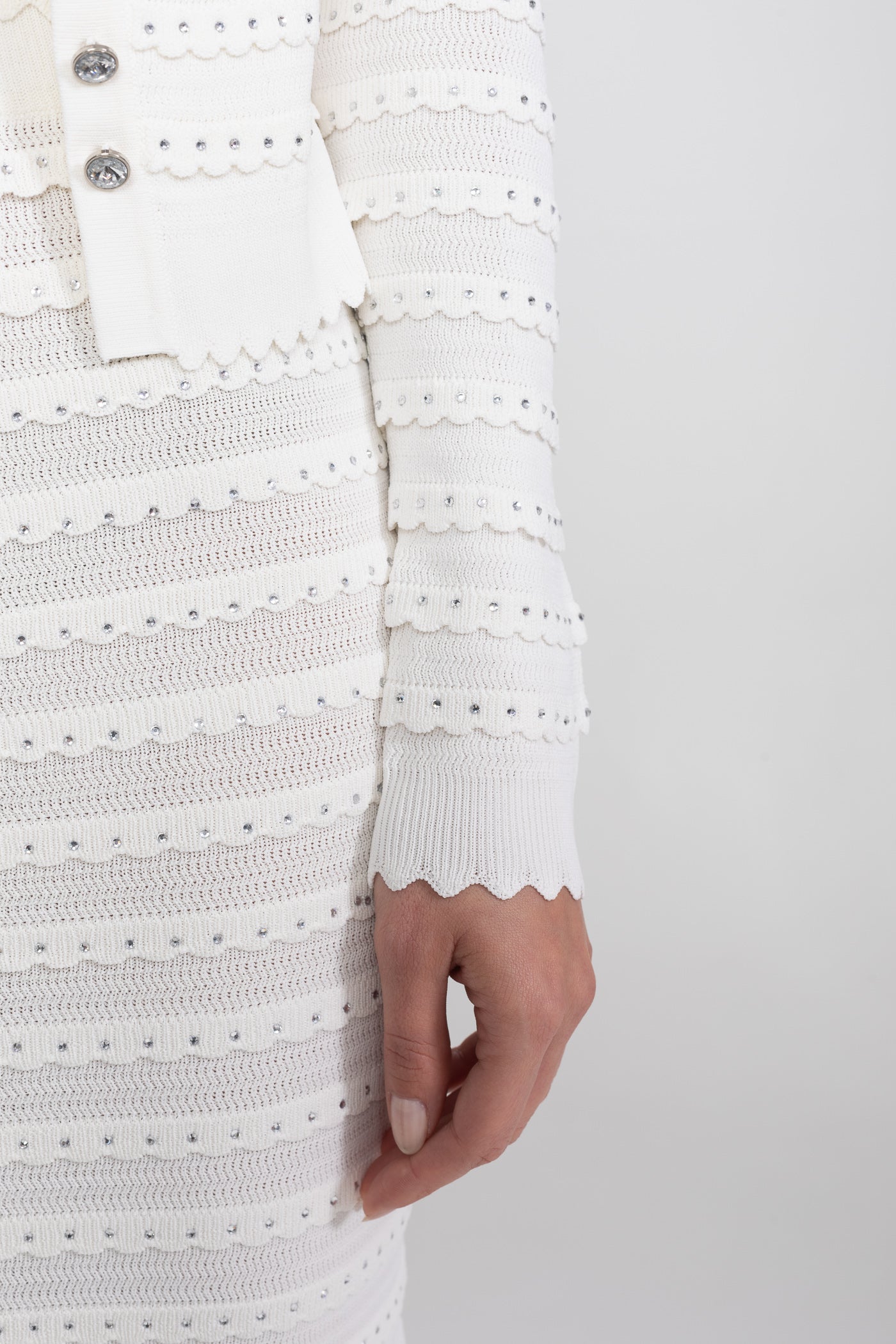 Ensemble 3 pièces en maille texturée avec blazer, haut et jupe midi - Blanc 