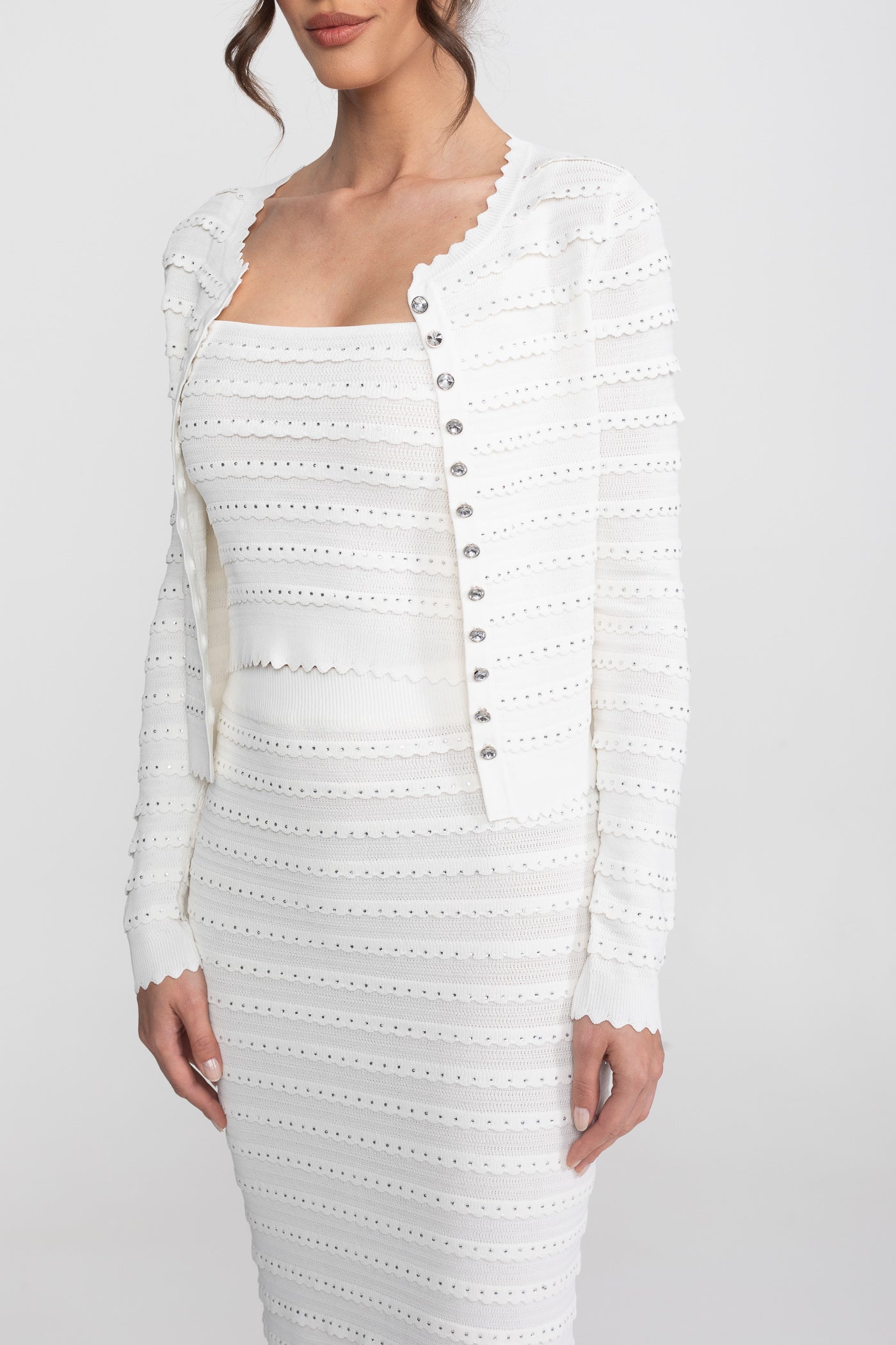 Ensemble 3 pièces en maille texturée avec blazer, haut et jupe midi - Blanc 