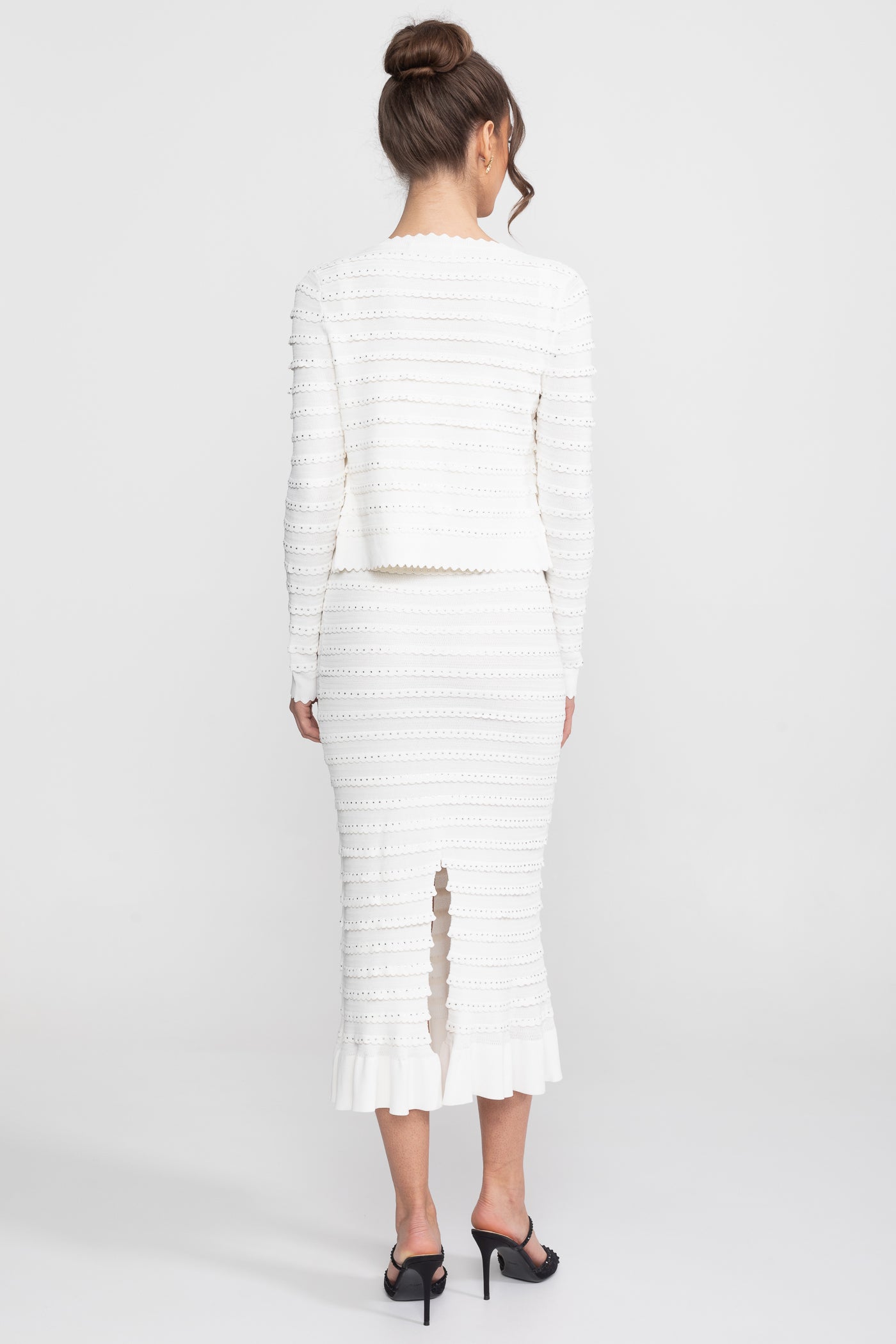 Ensemble 3 pièces en maille texturée avec blazer, haut et jupe midi - Blanc 
