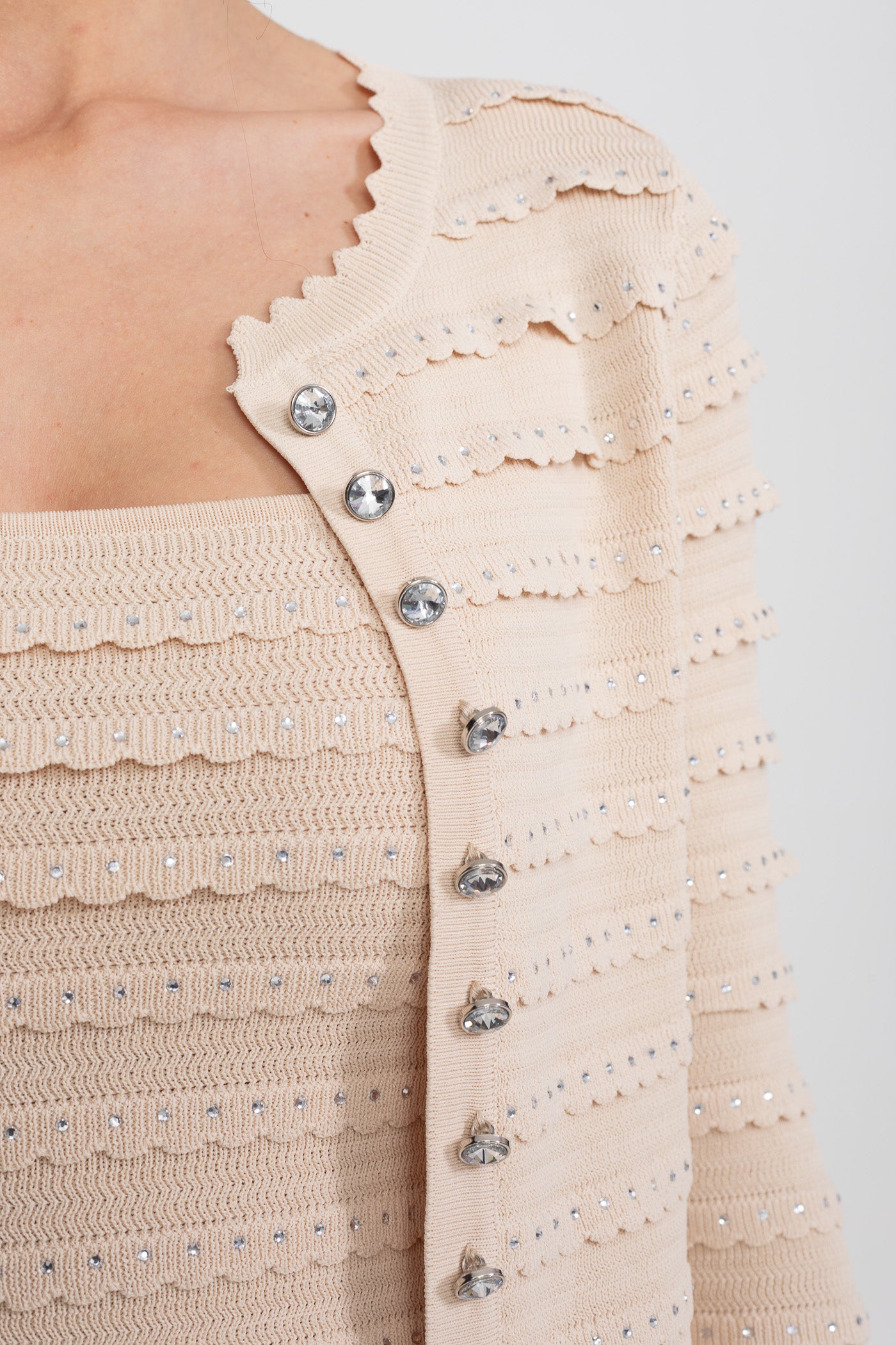 Textured Knit 3 Piece Set With Blazer, Top and Midi Skirt - Beige