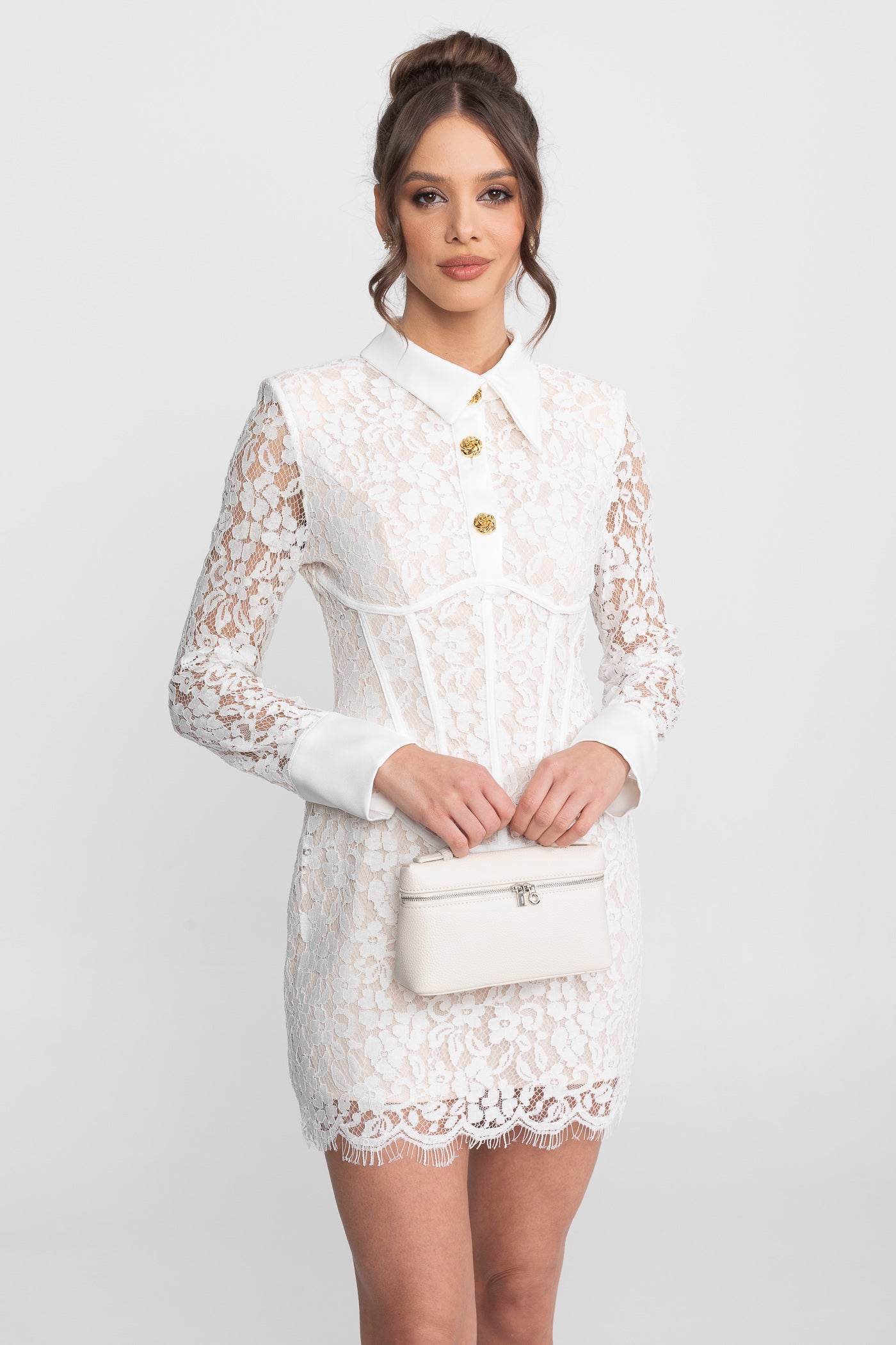 Robe mini en dentelle à manches longues avec ourlet festonné - Blanc 