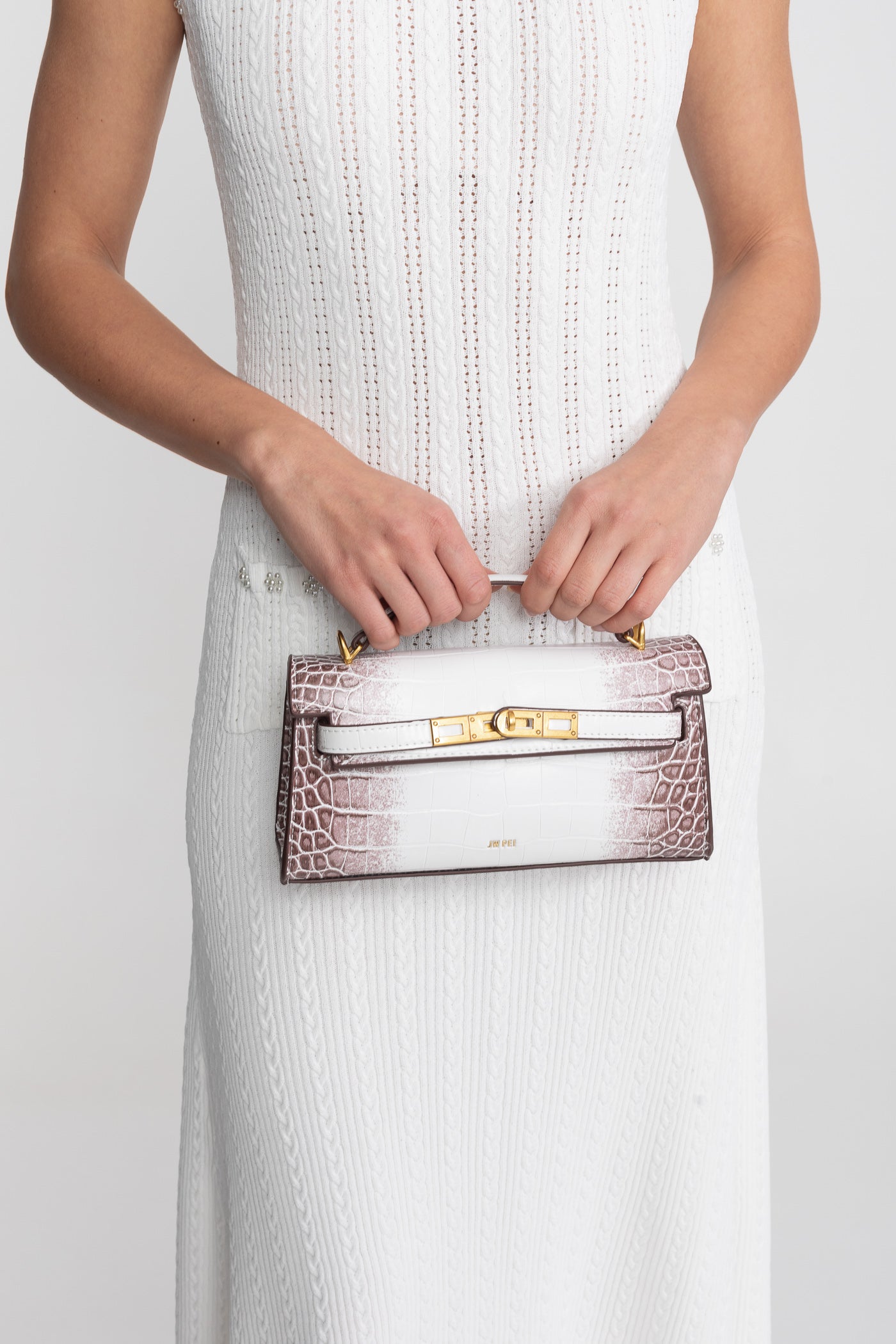 Sac mini structuré de style Kelly avec finitions dorées - Croco blanc cassé 