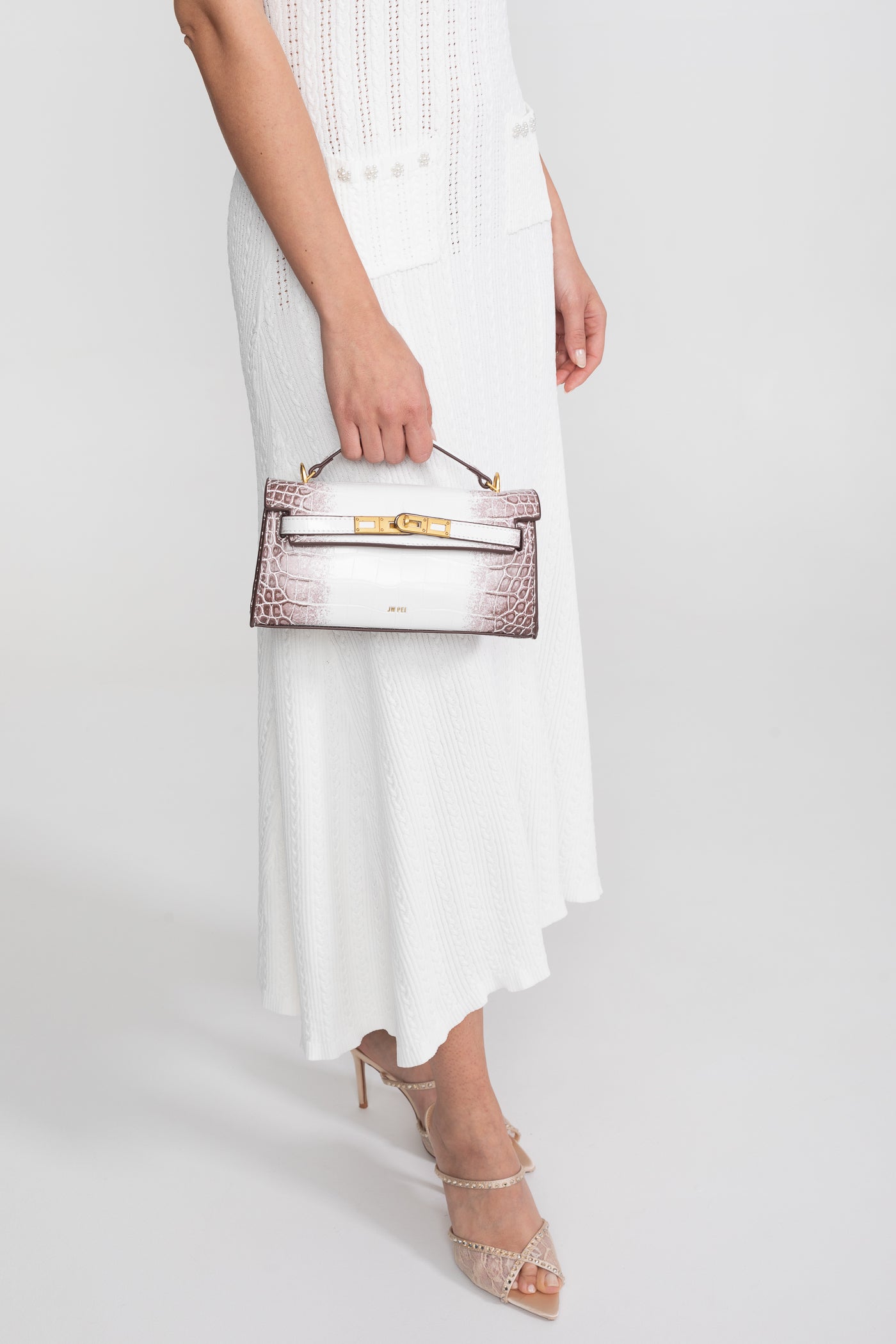 Sac mini structuré de style Kelly avec finitions dorées - Croco blanc cassé 