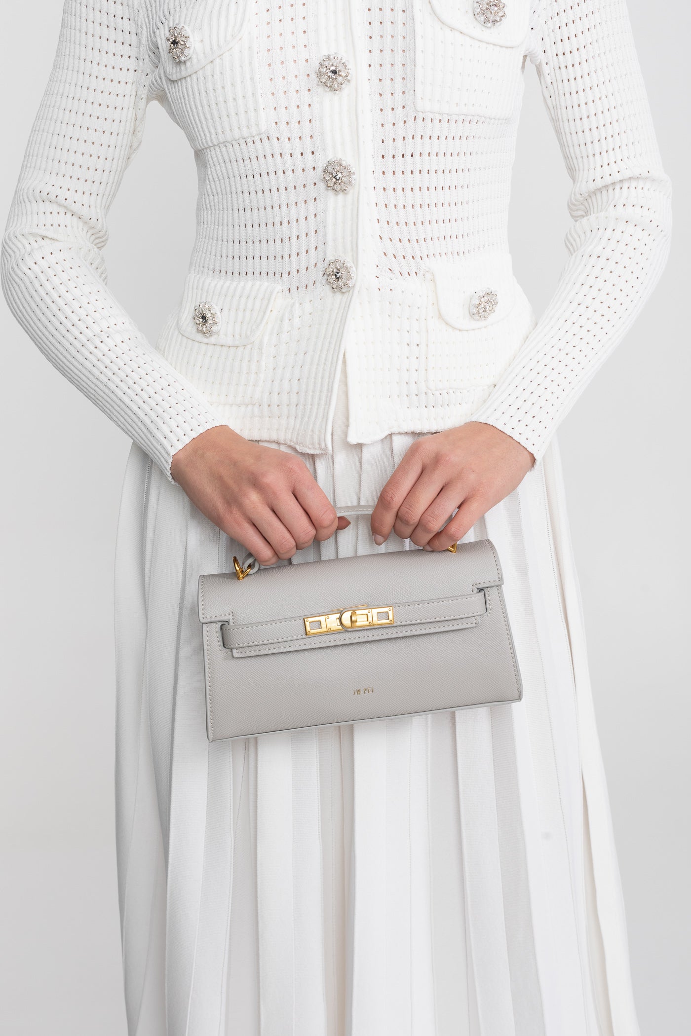 Sac mini structuré style Kelly avec finitions métalliques dorées - gris clair 