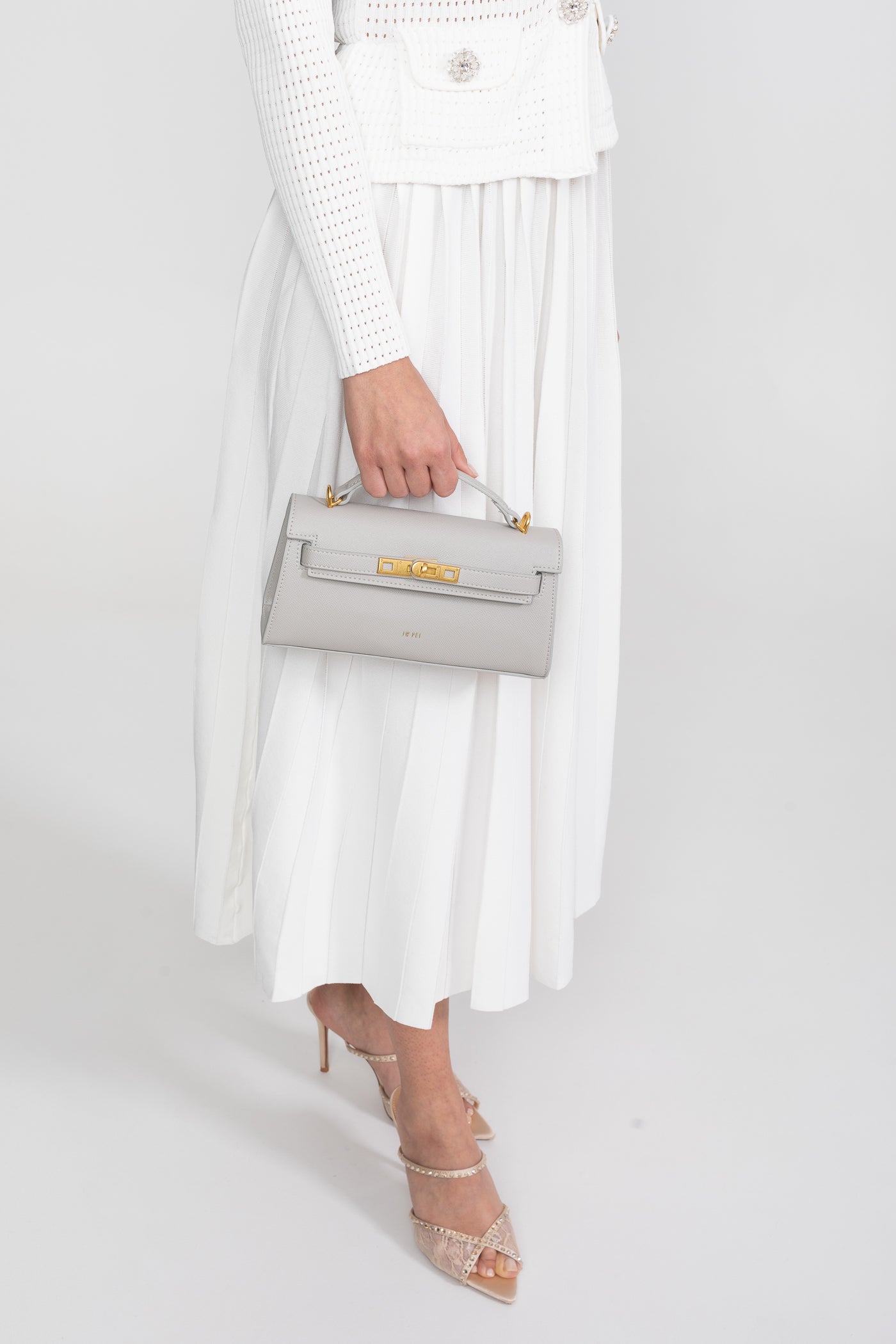 Sac mini structuré style Kelly avec finitions métalliques dorées - gris clair 
