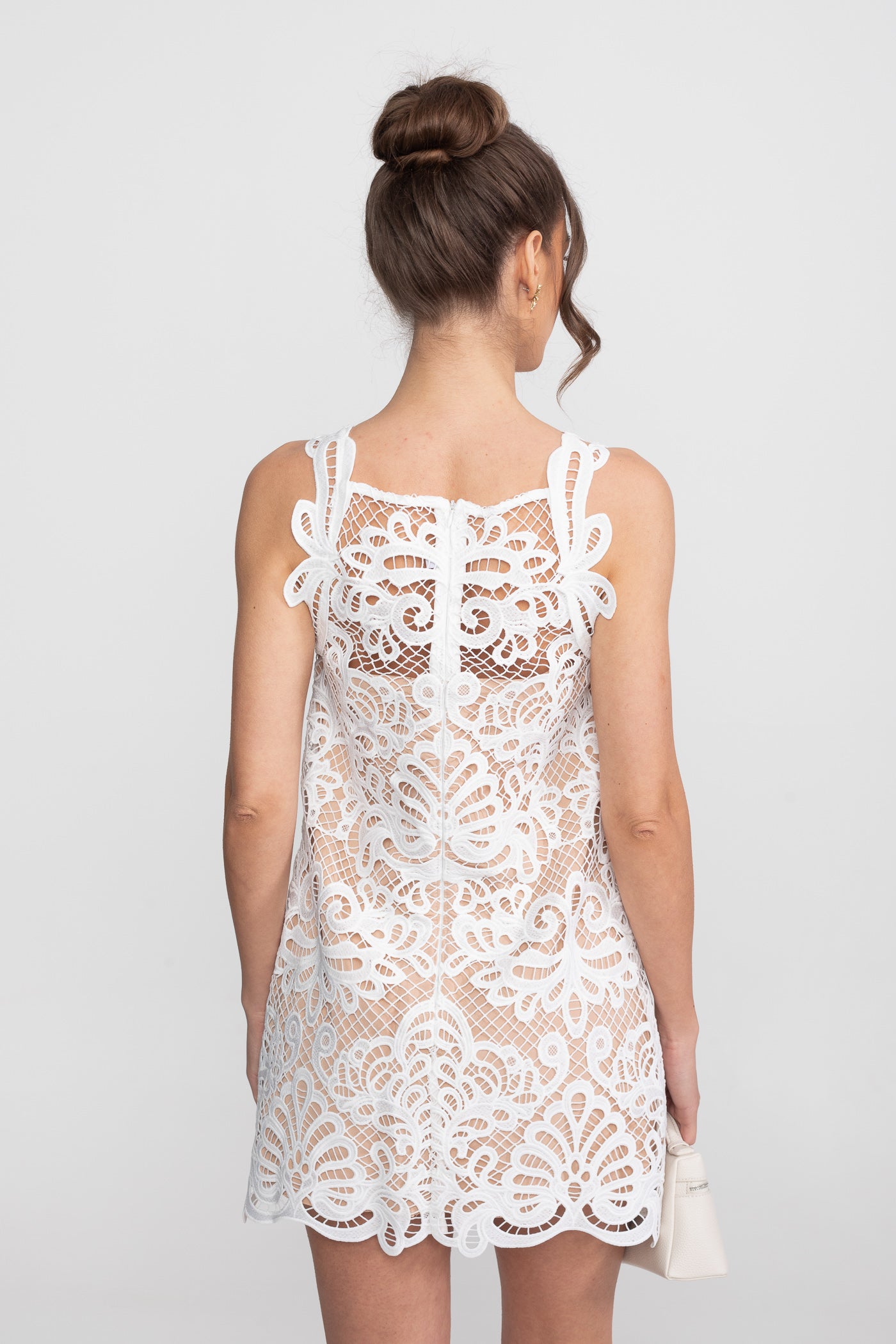 Robe mini sans manches en dentelle guipure avec ourlet festonné - Blanc 
