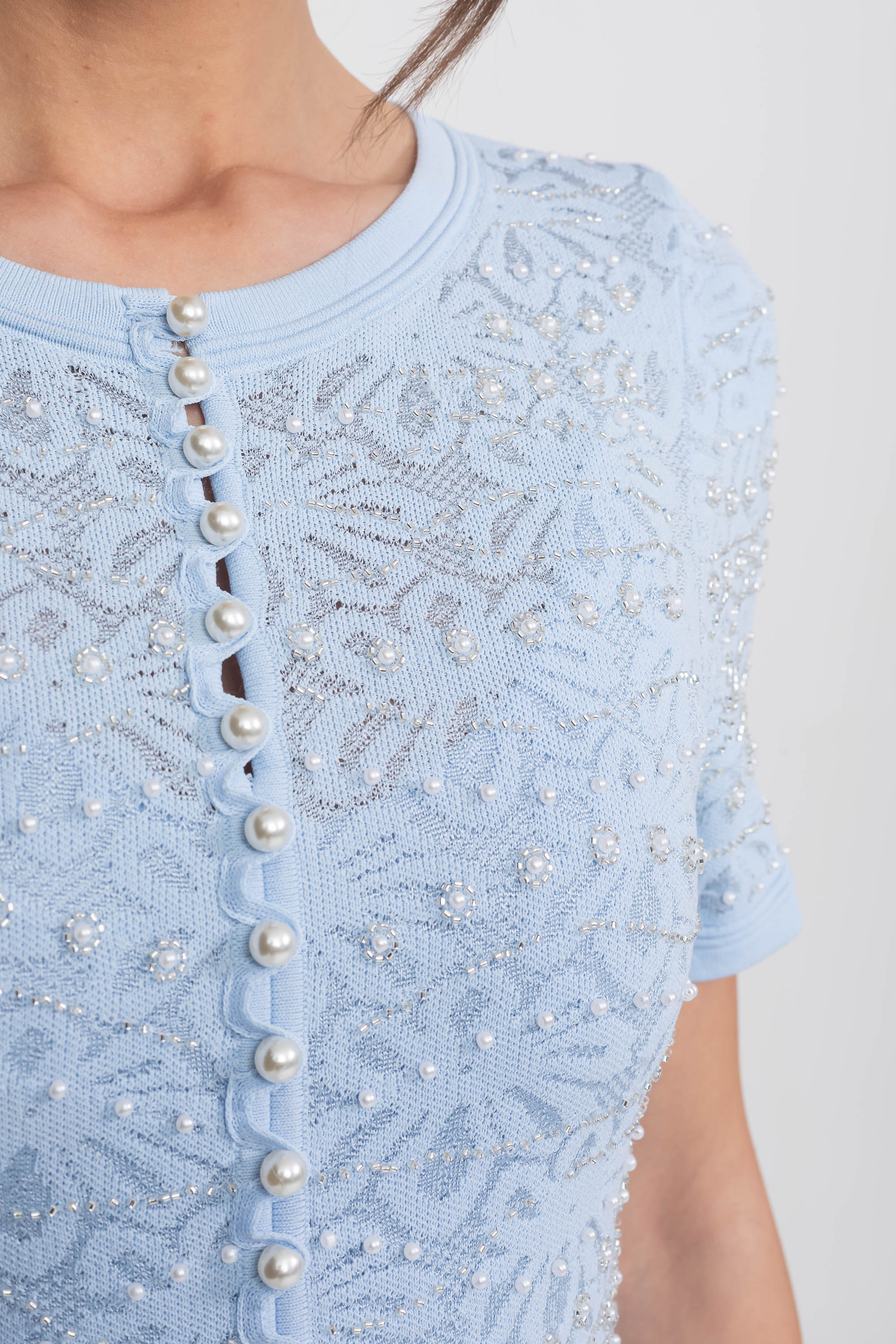 Robe midi à manches courtes ornée de perles - Powder Blue 