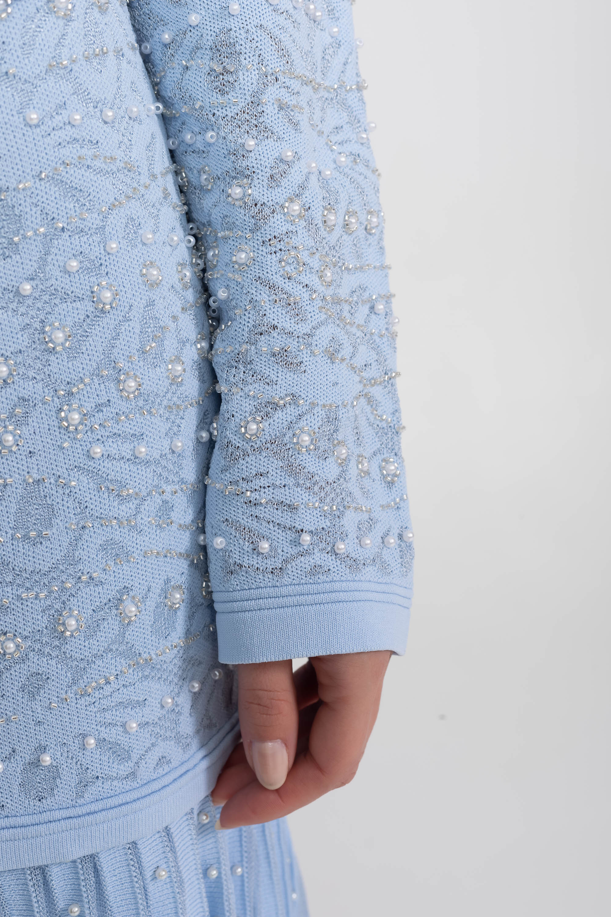 Embellished Long Sleeve Cardigan With Pearl Button Closure - Blue