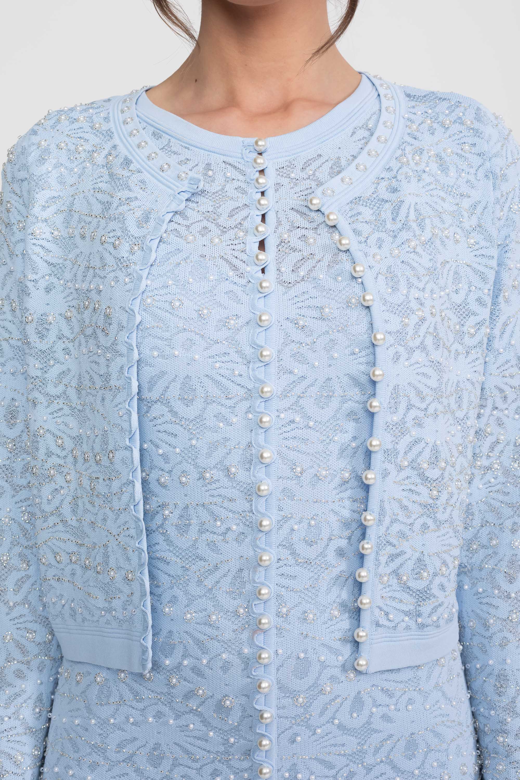Embellished Long Sleeve Cardigan With Pearl Button Closure - Blue
