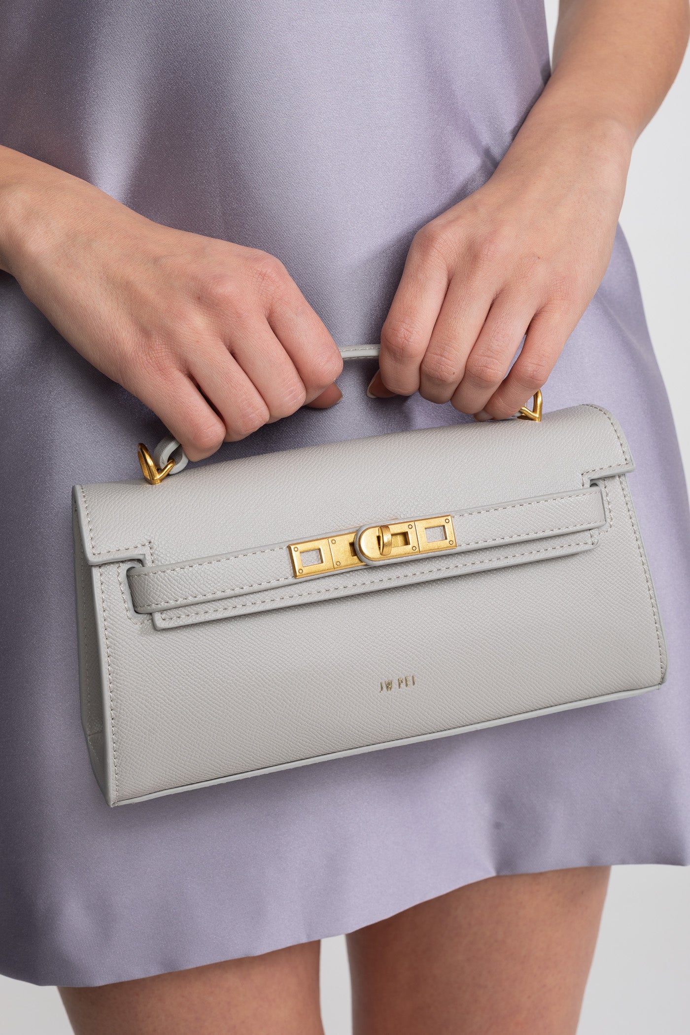 Sac mini structuré style Kelly avec finitions métalliques dorées - gris clair 