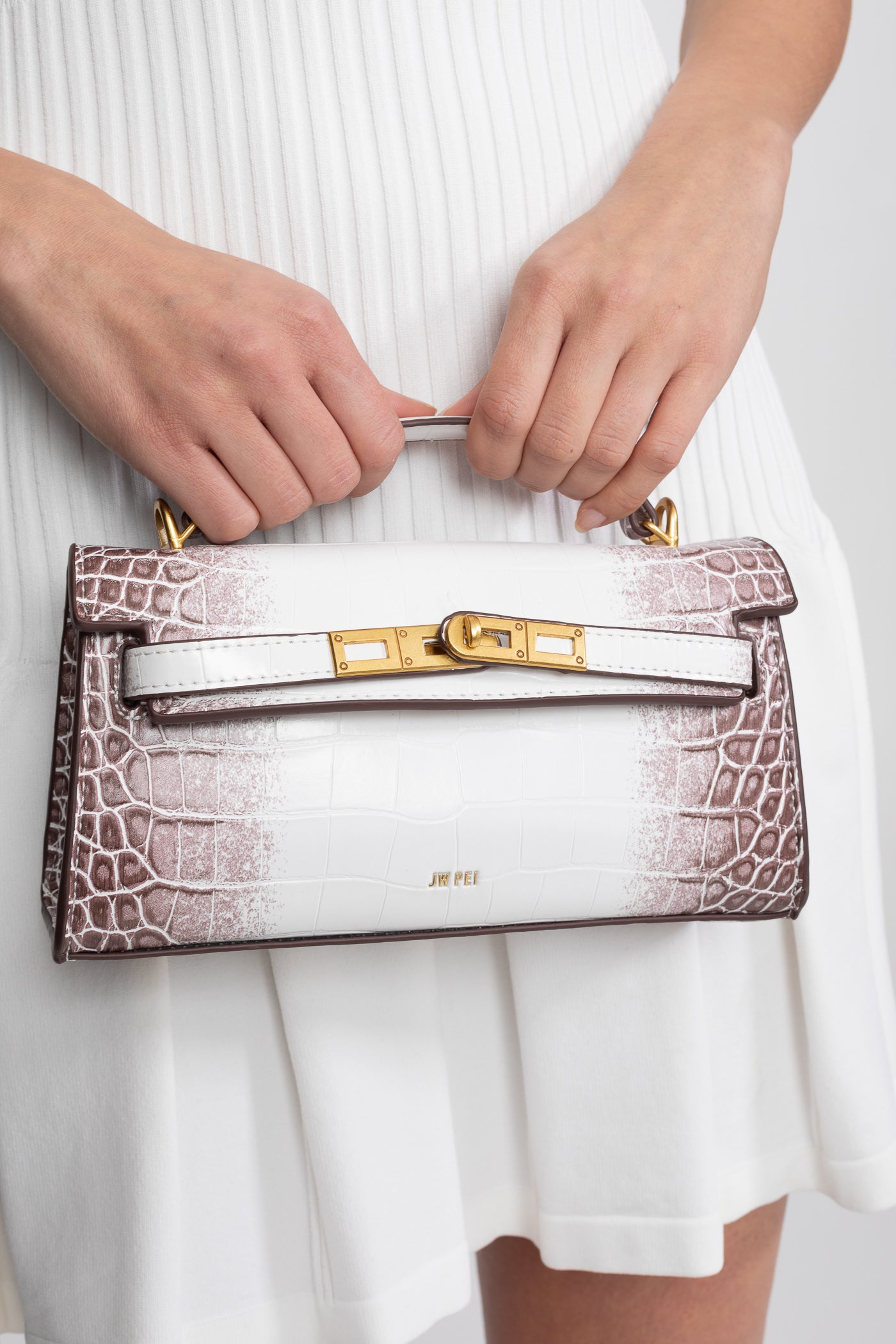 Sac mini structuré de style Kelly avec finitions dorées - Croco blanc cassé 
