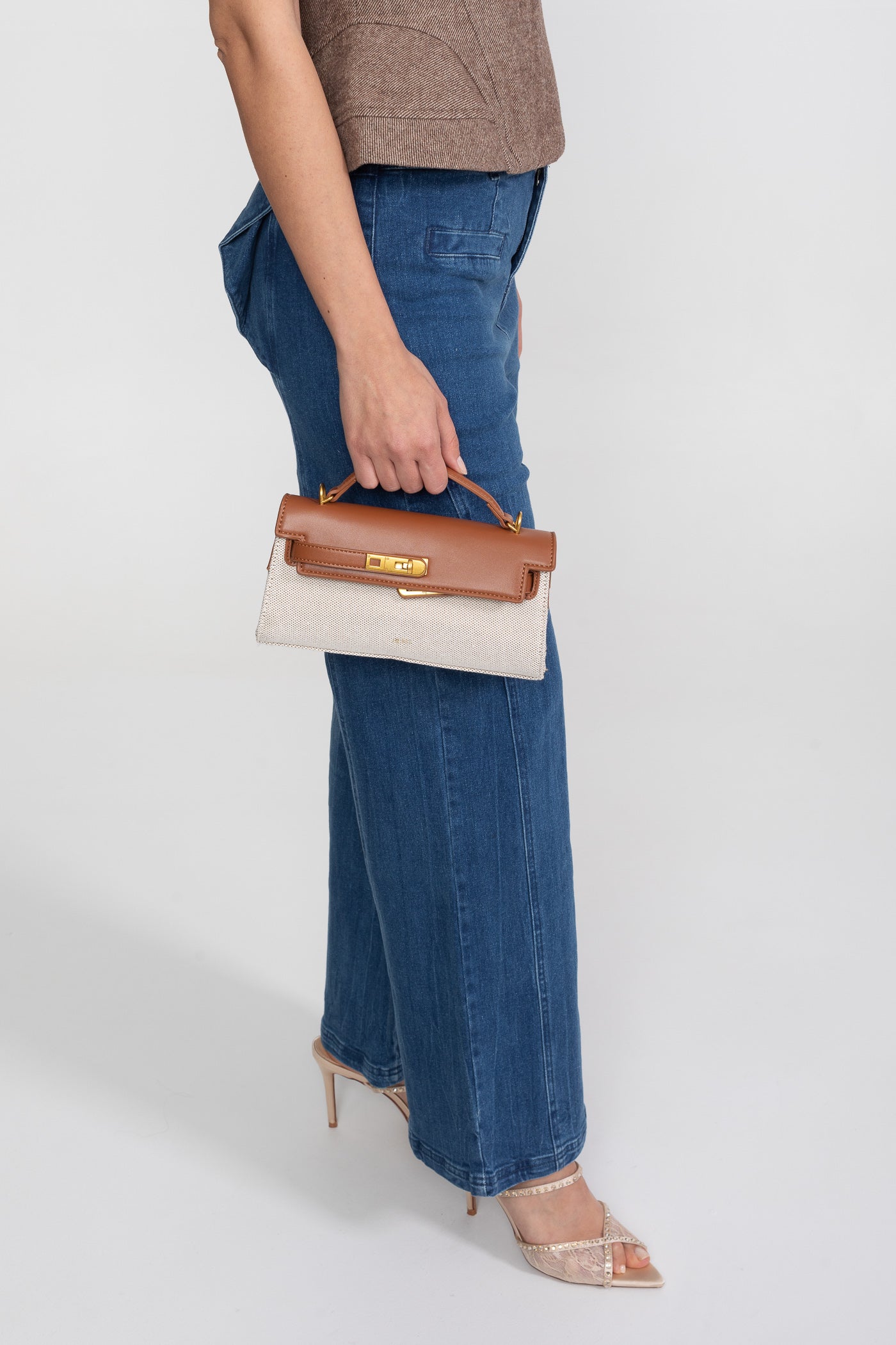 Sac Kelly structuré mini avec finitions dorées - Marron/Gris 