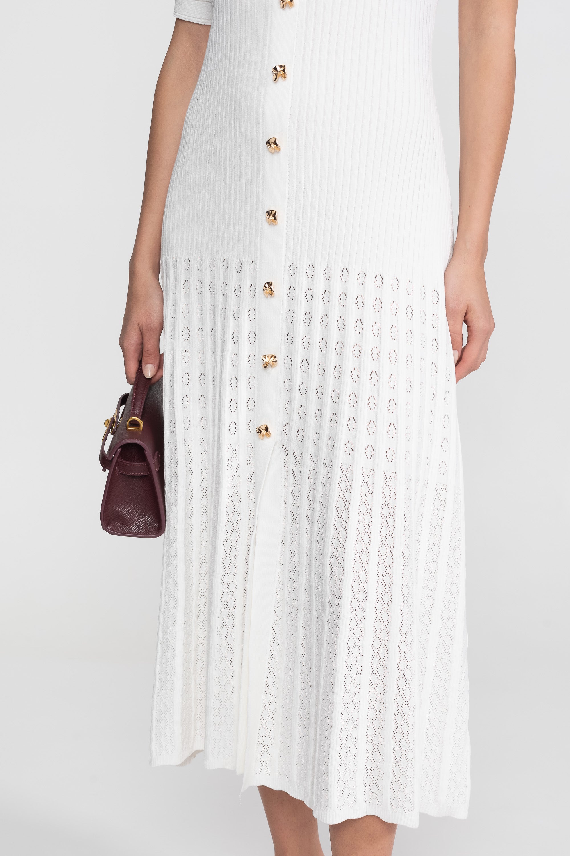 Robe midi en maille côtelée avec col Claudine et jupe plissée - Blanc 