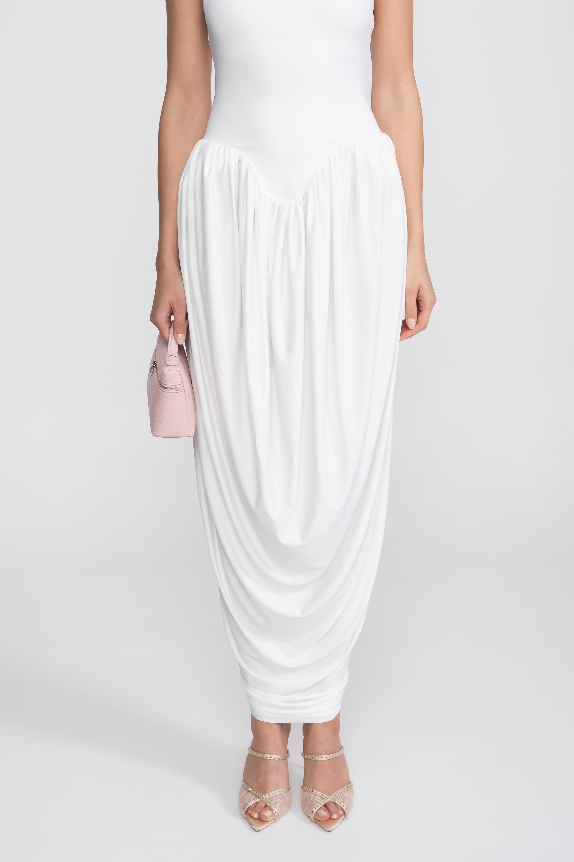 Robe longue à col halter avec jupe ballon froncée - Blanc 