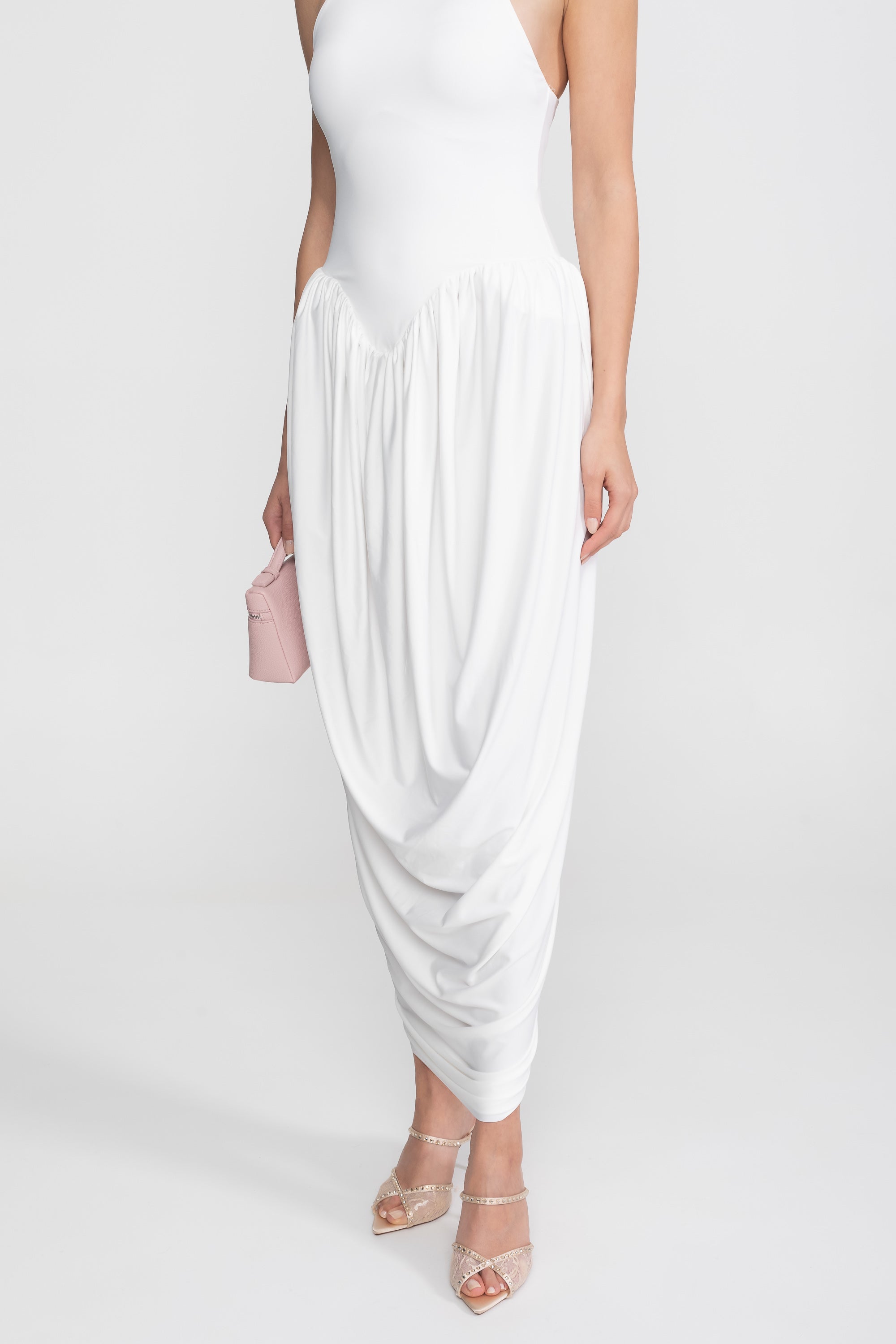 Robe longue à col halter avec jupe ballon froncée - Blanc 
