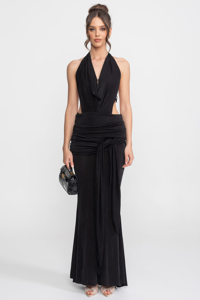 Robe halter drapée avec détail de lien latéral froncé - Noir 