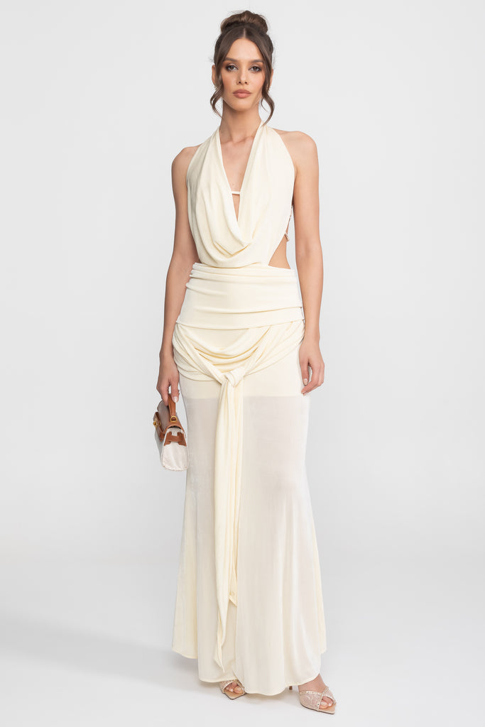 Robe halter drapée avec détail de lien froncé sur le côté - Ivoire 