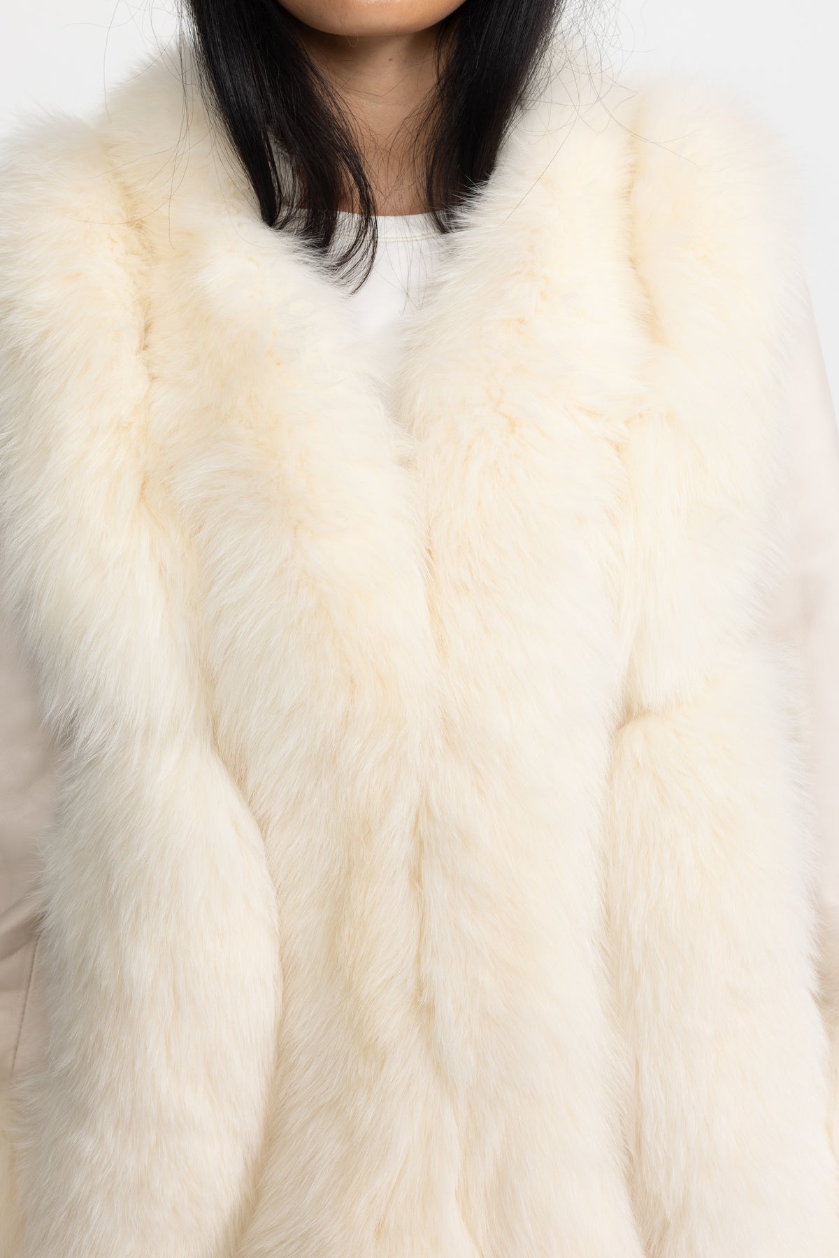 Veste en shearling à empiècements en fourrure de renard - Ivoire 