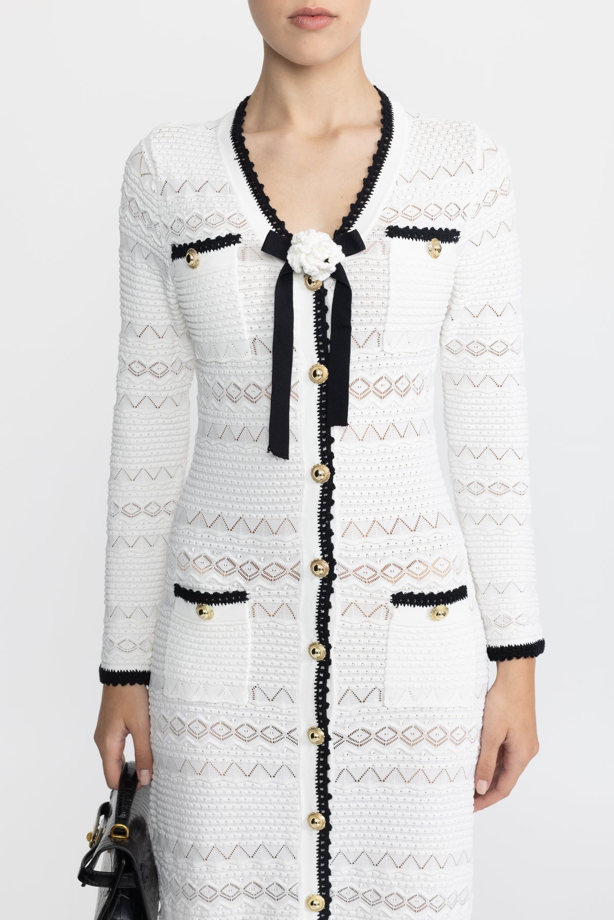 Crochet Trim Knit Button Midi Dress with Flower Brooch - White