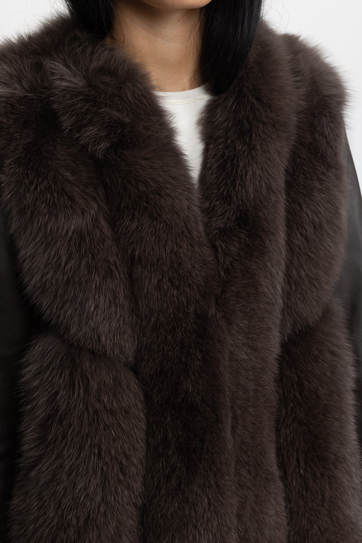 Veste en shearling à empiècements en fourrure de renard - Chocolat 
