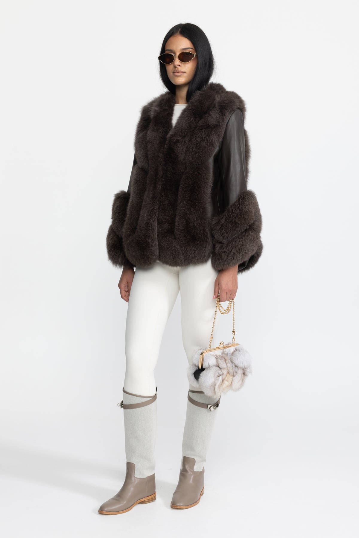 Veste en shearling à empiècements en fourrure de renard - Chocolat 