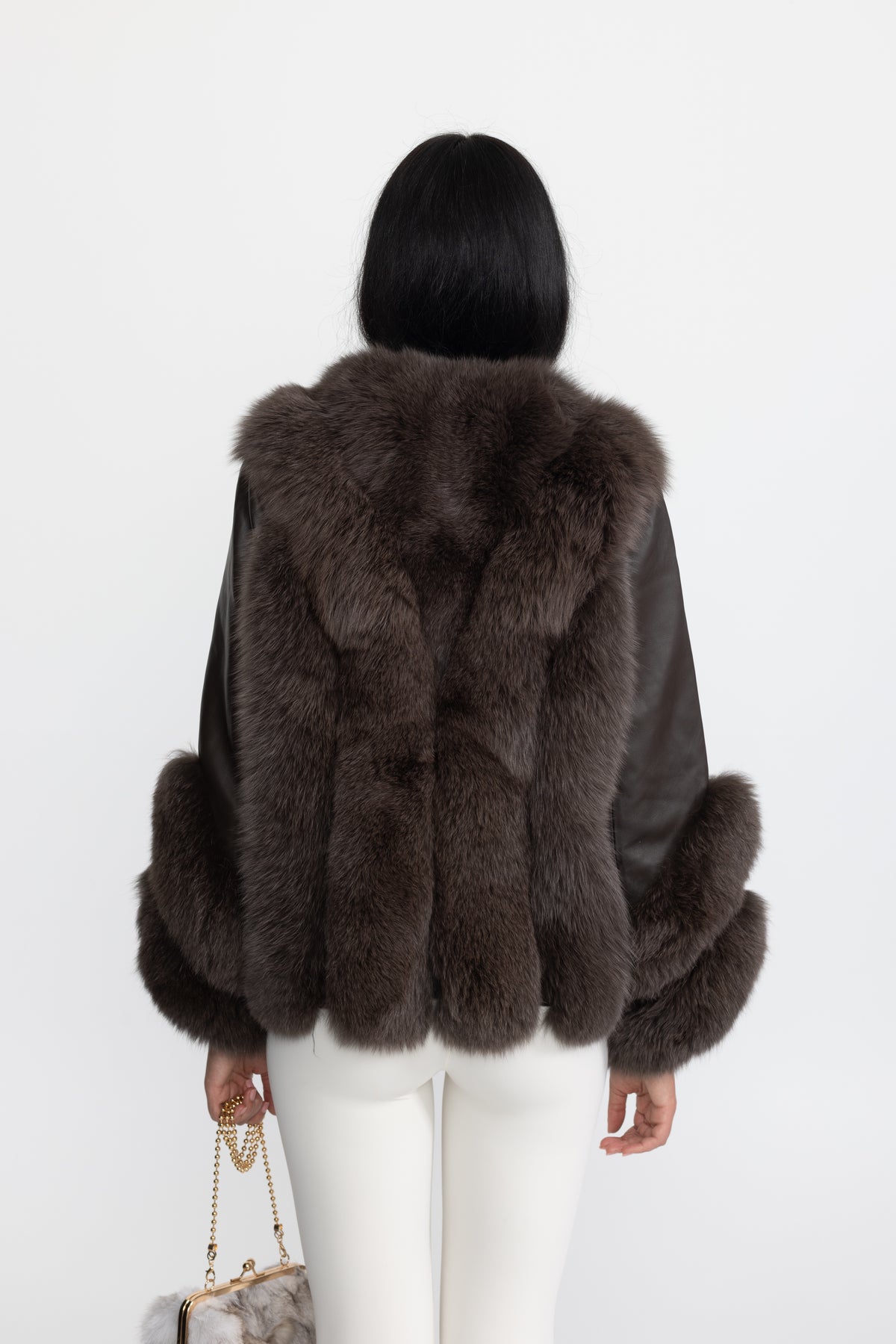Veste en shearling à empiècements en fourrure de renard - Chocolat 