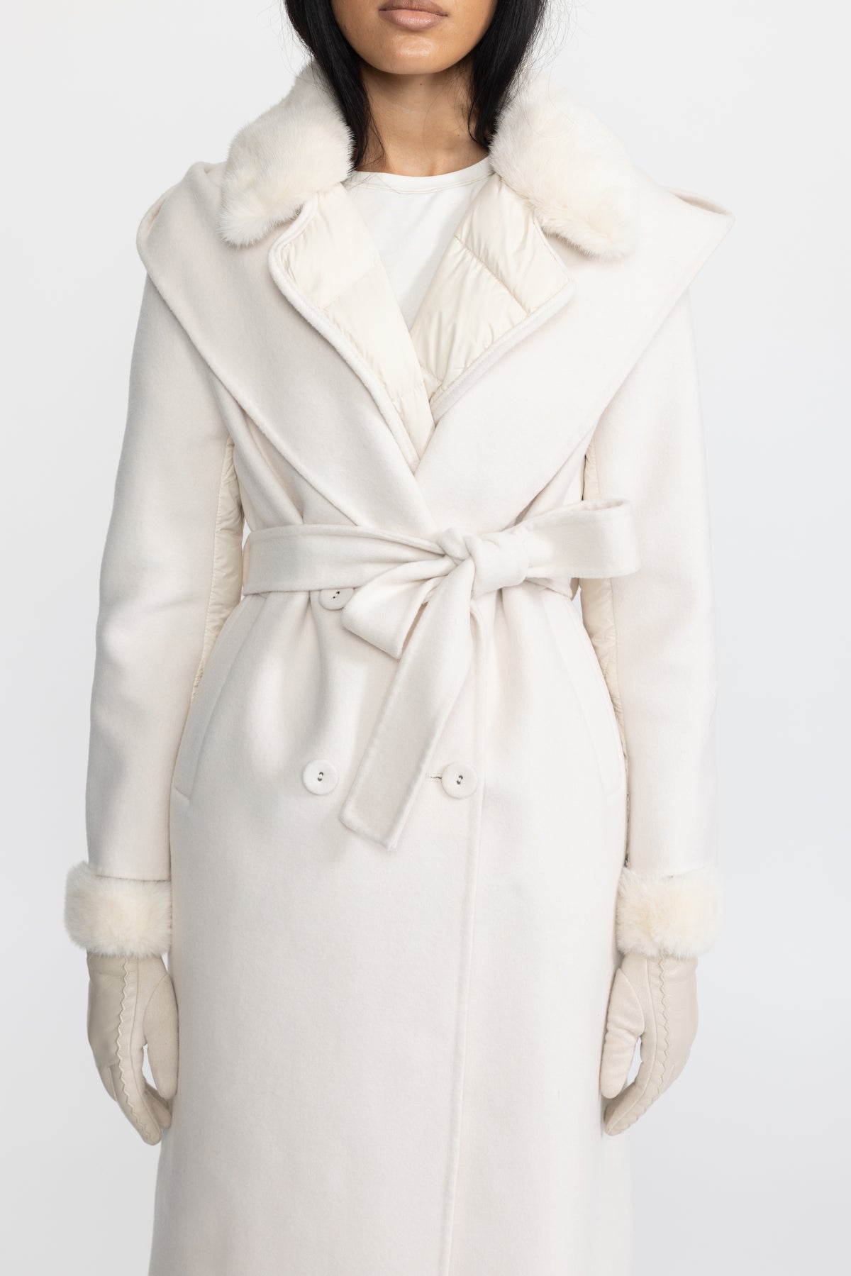 Quilted Back Hooded Wool Wrap Coat with Mink Fur - Ivoire